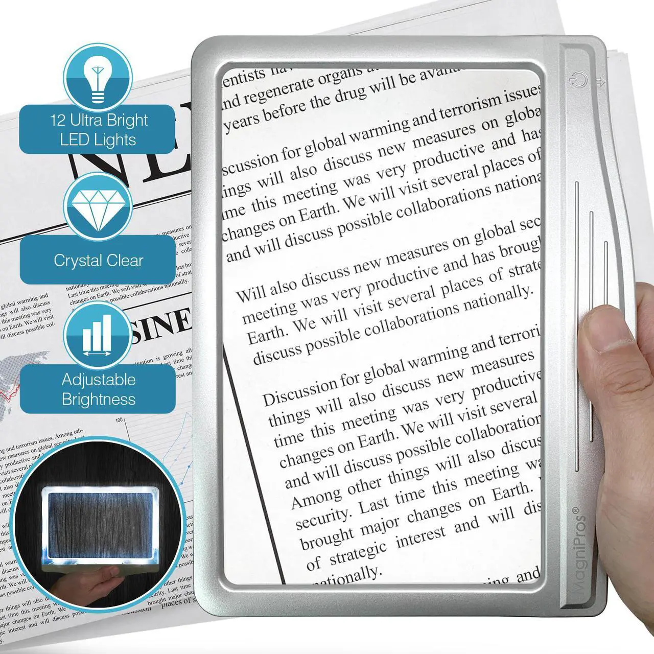 Main image of MagniPros Ultra Slim & Lightweight Book Light Led Page Magnifier-Large Viewing Area Magnifies up to 300%