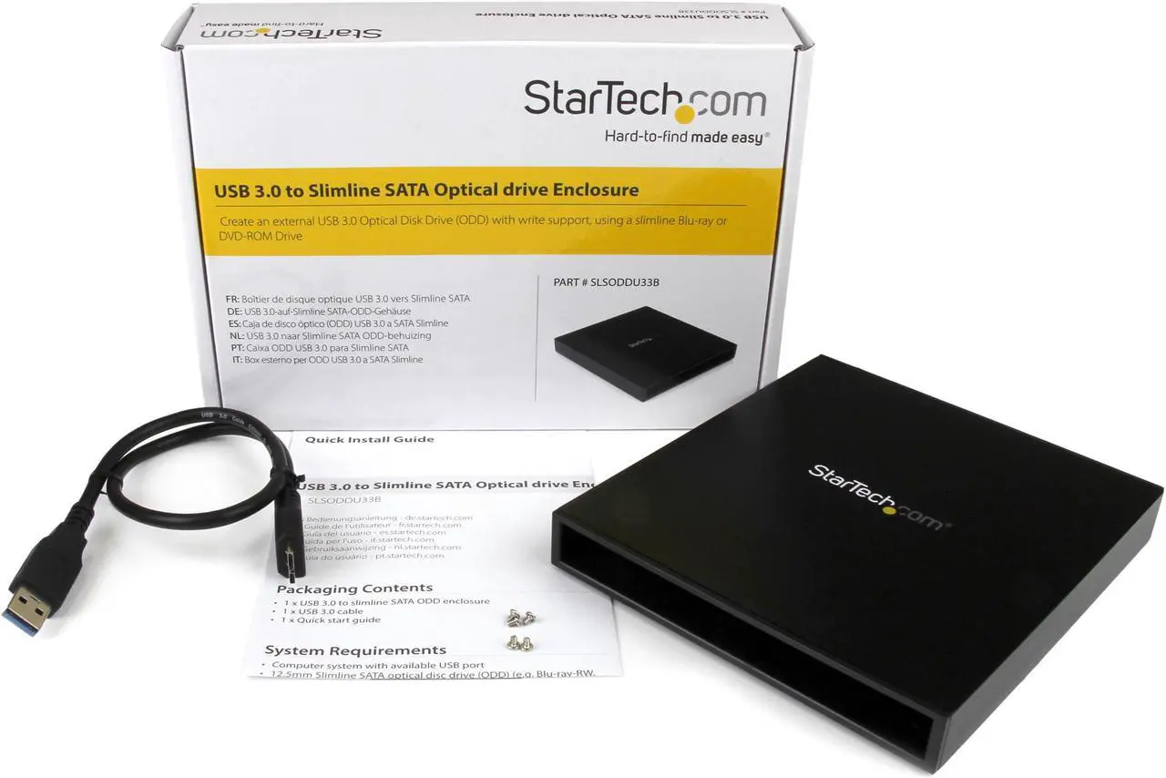 Main image of StarTech.com USB 3.0 to Slimline SATA ODD Enclosure for Blu-ray and DVD ROM Drives, Solid Aluminum (SLSODDU33B)