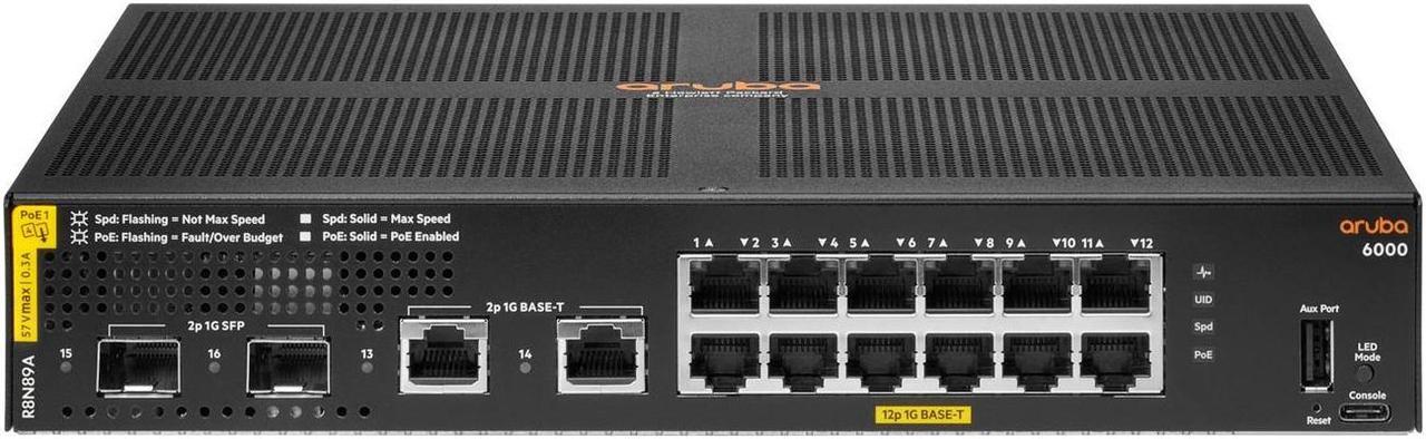 HPE Aruba 6000 12G Class4 PoE 2G/2SFP 139W Switch - Switch - Managed - 12 x 10/100/1000 (PoE+) + 2 x Gigabit SFP + 2 x 1