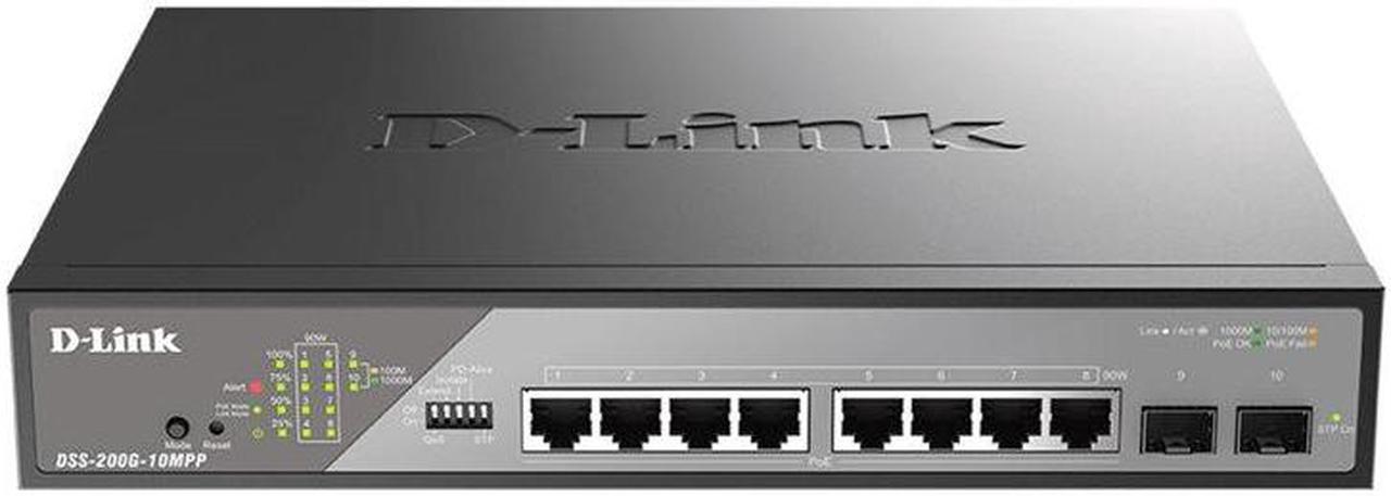 D-Link DSS 200G-10MPP - Switch - Managed - 8 x 10/100/1000 (PoE++) + 2 x Gigabit SFP - rack-mountable - PoE++ (242 W)