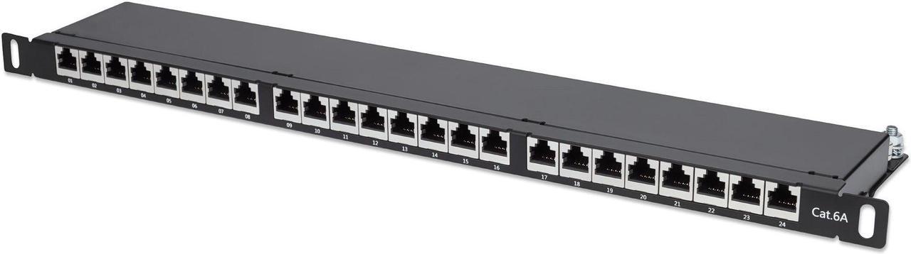 Intellinet Cat6a Shielded Patch Panel, 24-Port, FTP, 19", 0.5 U, 90Â° Top-Entry Punch-Down Blocks, Black