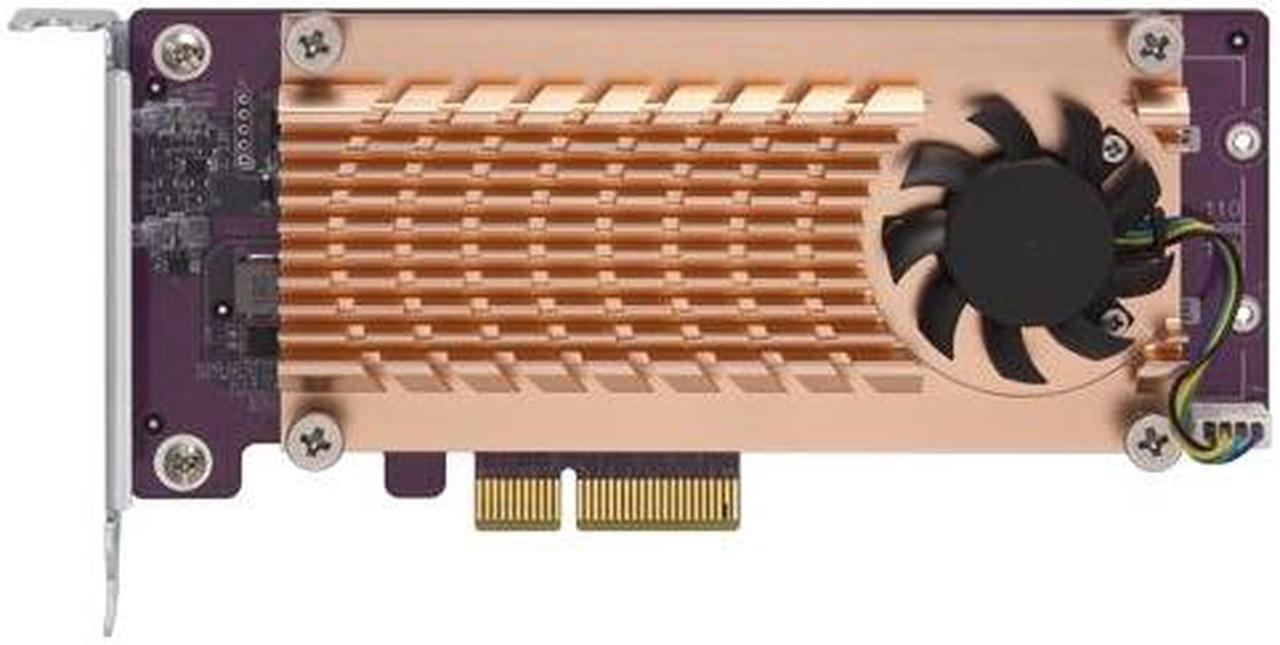 Dual M.2 22110/2280 PCIe SSD expansion card (PCIe Gen2 x4) Low-profile bracket pre-loaded Low-profile flat and Full-height are bundled*shorter version to support TVS-x82/TS-x77 PCIe slot 2 & slot 3