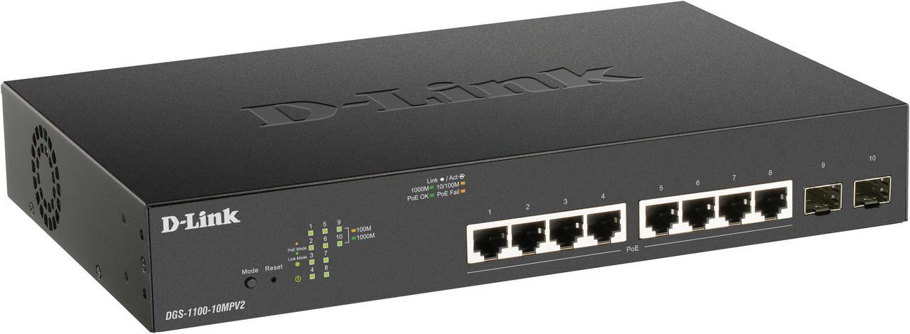 D-Link DGS 1100-10MPV2 - Switch - smart - 8 x 10/100/1000 (PoE) + 2 x Gigabit SFP - desktop, rack-mountable - PoE (130 W