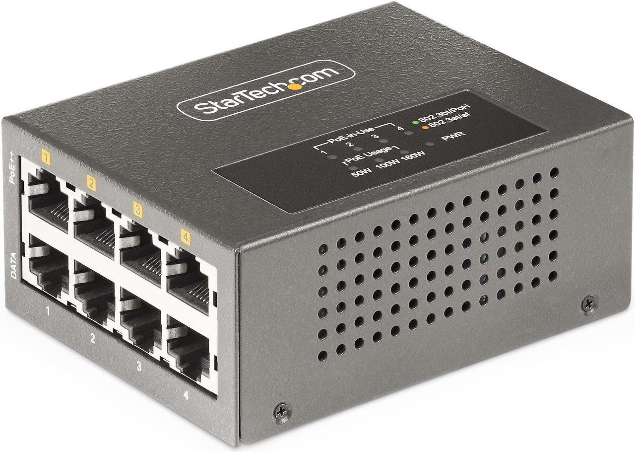 StarTech.com 4-Port Multi-Gigabit PoE++ Injector, 5/2.5/1G Ethernet (NBASE-T), PoE/PoE+/PoE++, 160Watts Power Budget, Wall/DIN Rail Mountable, Unmanaged | AS445C-POE-INJECTOR