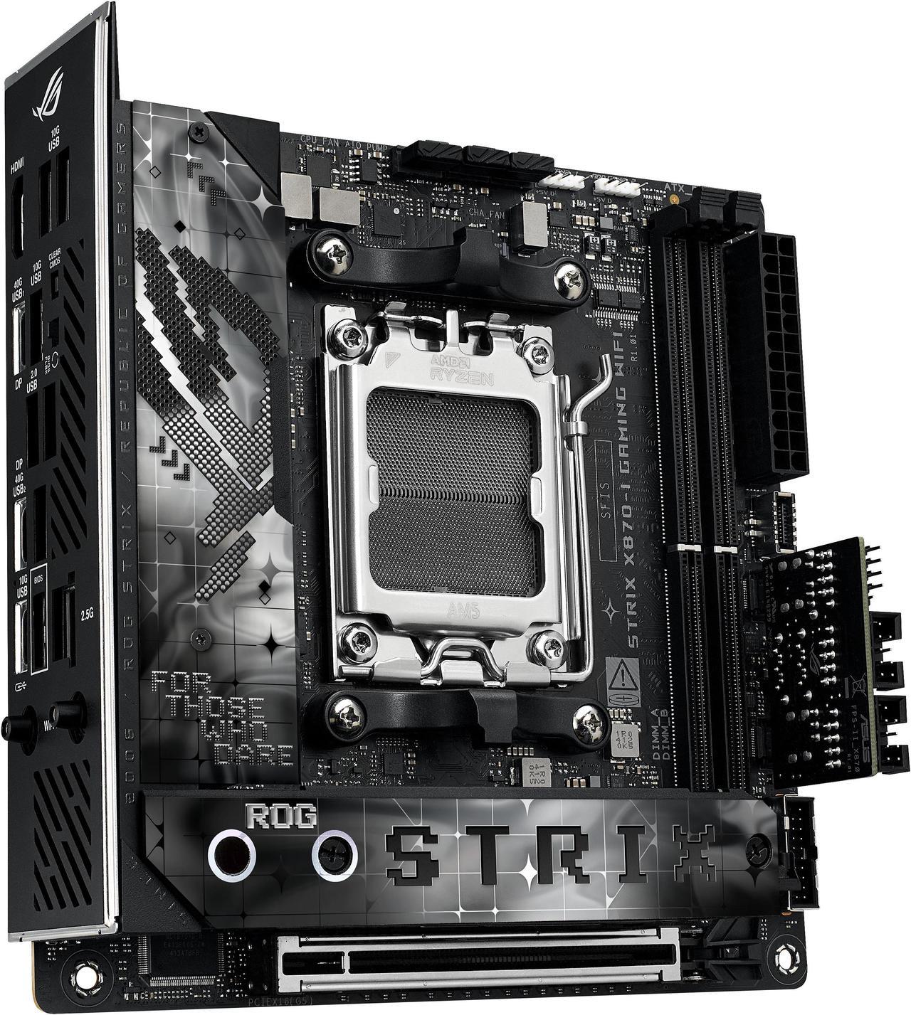 AMD X870 Mini ITX motherboard with 10+2+1 power stages, Dynamic OC Switcher, Core Flex, DDR5 slots with AEMP, WiFi 7 wit