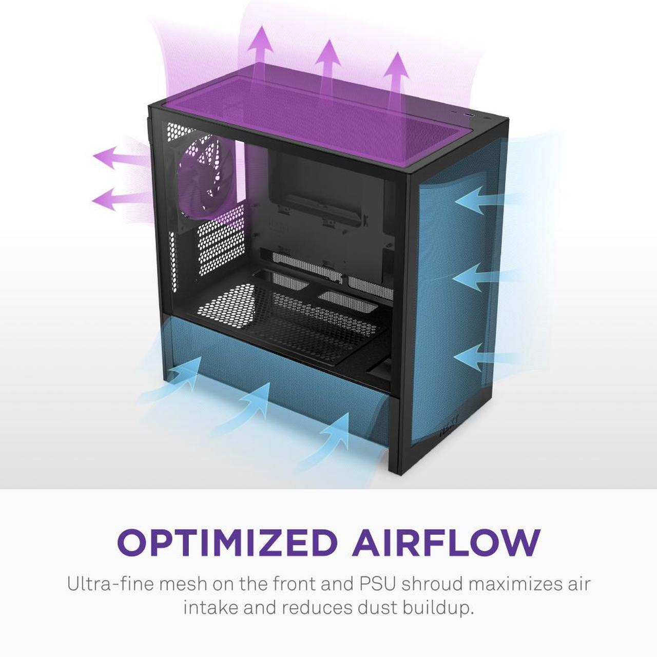 Alt view image 4 of 7 - NZXT H3 Flow  Micro-ATX PC Case  Optimized Airflow  Includes 1 x 120mm Rear Fan  Supports Full-Sized GPUs  Fits 280mm Front, 240mm Top Radiator   Back-Connect Motherboard  Black