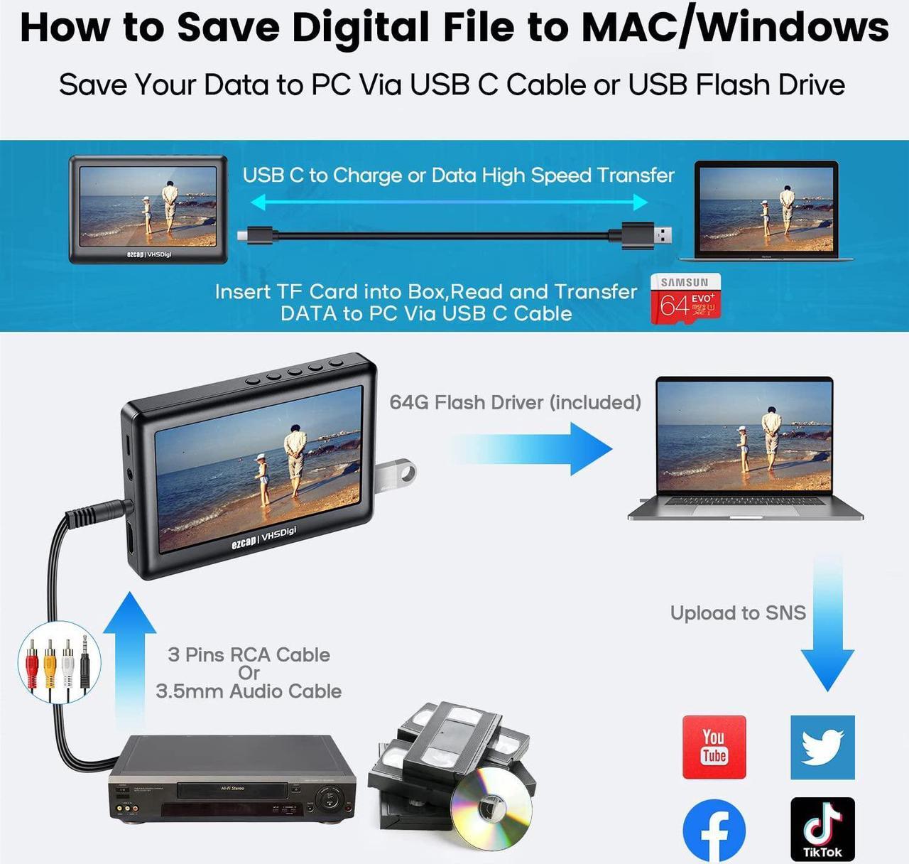 Alt view image 4 of 7 - Convert Vhs to Digital Mp4 - Vinyl Cassette CD Player to Mp3 Converter - Vintage Video Audio Capture Box Adapter for Hi8 Player/8mm Tape/Vhs-c/Camcorder / Mini Dv Deck, Substitute Vhs to Dvd Machine