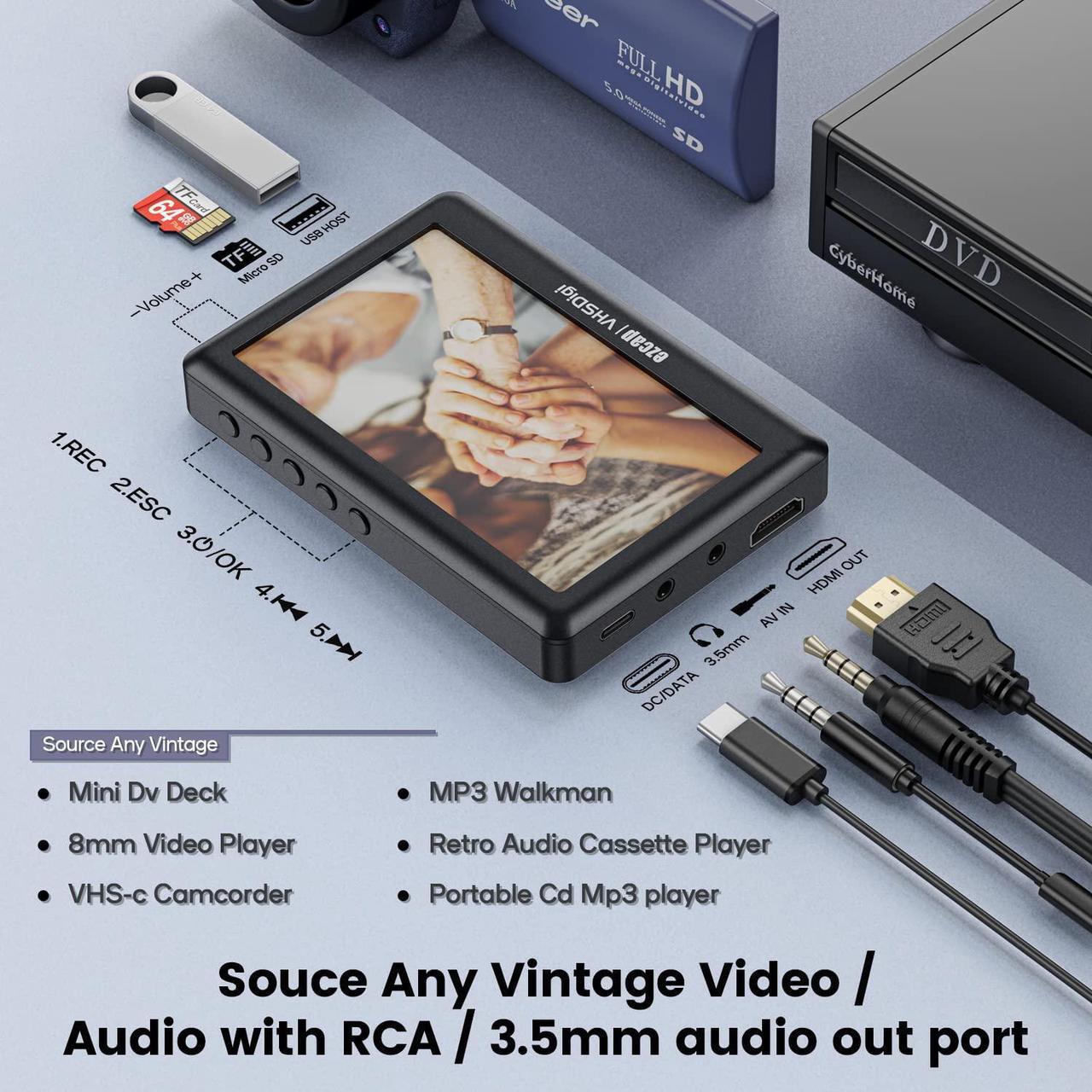 Alt view image 6 of 7 - Convert Vhs to Digital Mp4 - Vinyl Cassette CD Player to Mp3 Converter - Vintage Video Audio Capture Box Adapter for Hi8 Player/8mm Tape/Vhs-c/Camcorder / Mini Dv Deck, Substitute Vhs to Dvd Machine