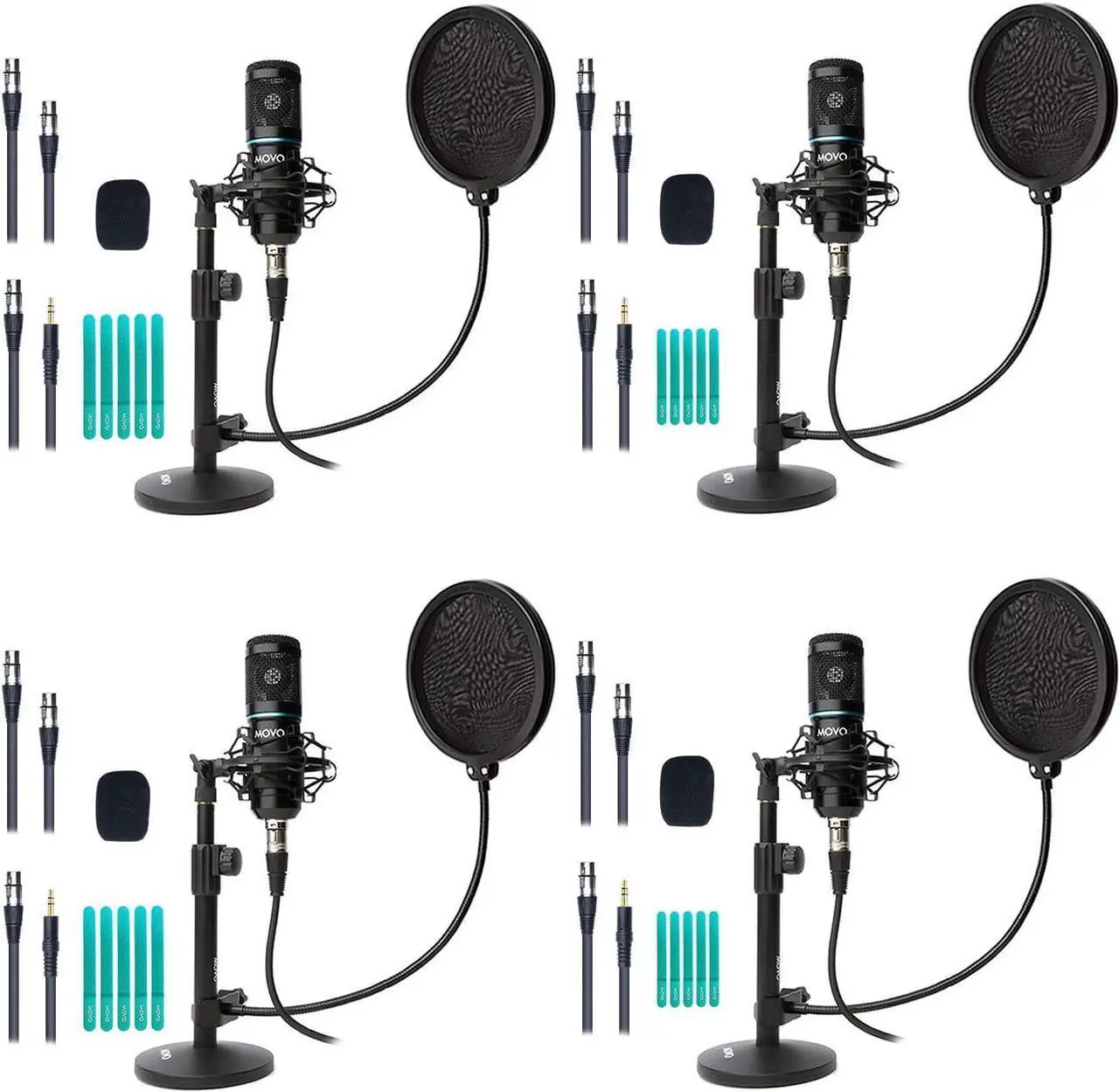 Main image of Movo 4-Pack Universal XLR Podcast Microphone Bundle- Includes 4 Cardioid Condenser Mics, Desktop Mic Stands, Pop Filters, Shock Mounts, and Cables for Zoom, Laptop, Phone - Home Studio Starter Kit