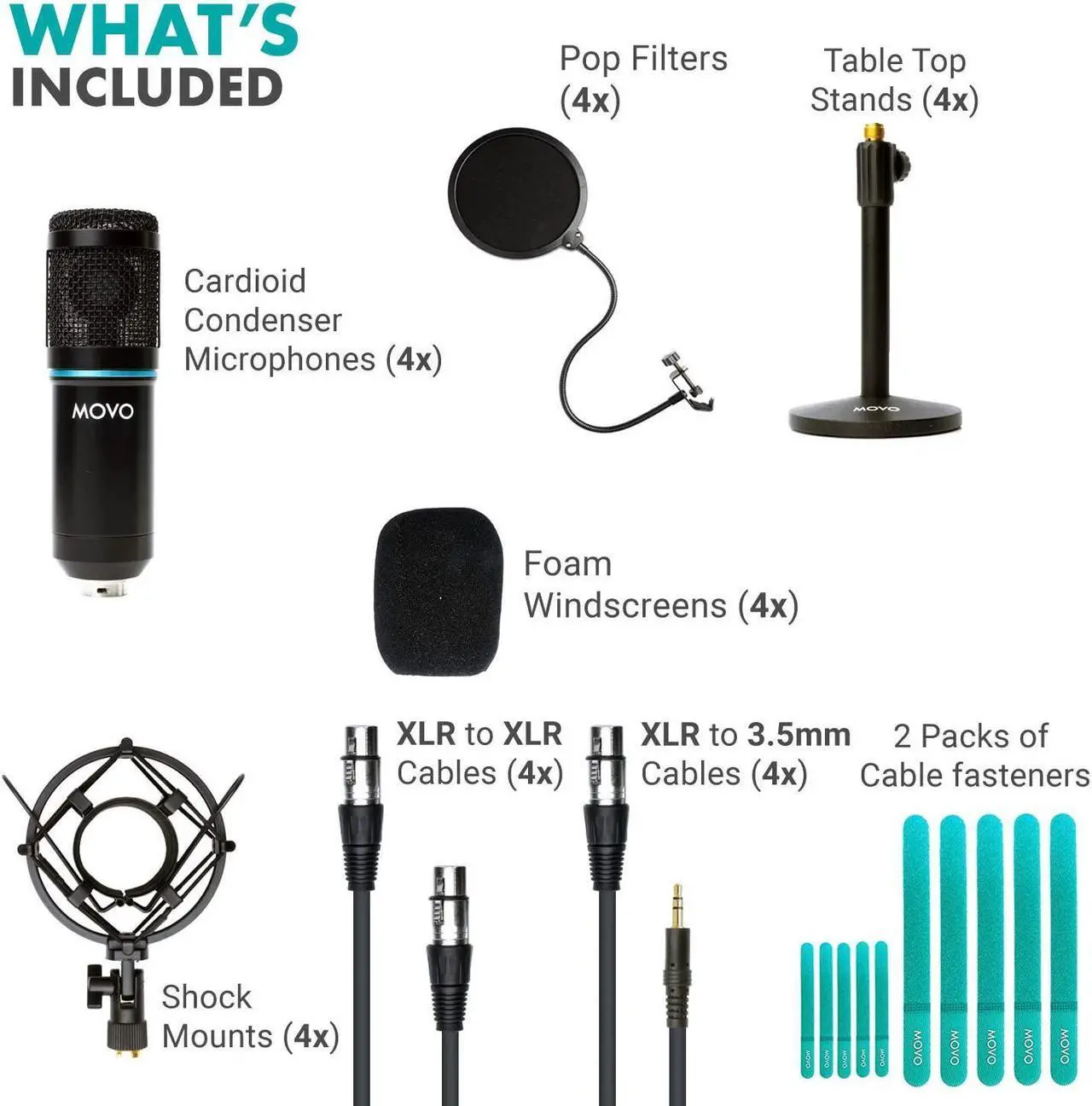 Alt view image 2 of 7 - Movo 4-Pack Universal XLR Podcast Microphone Bundle- Includes 4 Cardioid Condenser Mics, Desktop Mic Stands, Pop Filters, Shock Mounts, and Cables for Zoom, Laptop, Phone - Home Studio Starter Kit