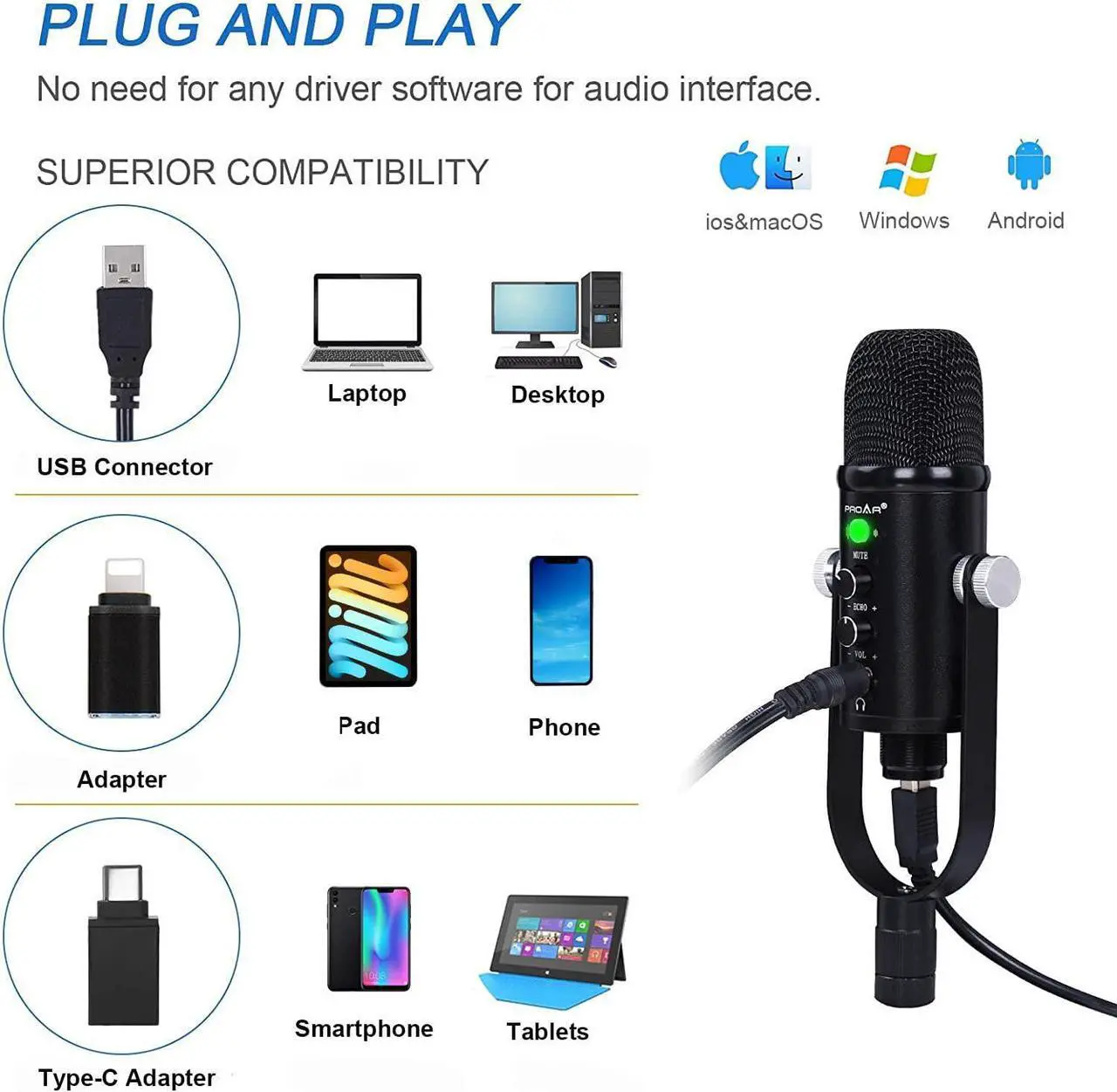 Alt view image 5 of 7 - USB Microphone Condenser Computer PC Gaming Mic Podcast Microphone Kit for Streaming,Recording,Vocals,ASMR,Voice,Cardioid Studio Microphone for Phone/Pad/Android/MAC/Laptop/PS4/USB C Phone,YouTube