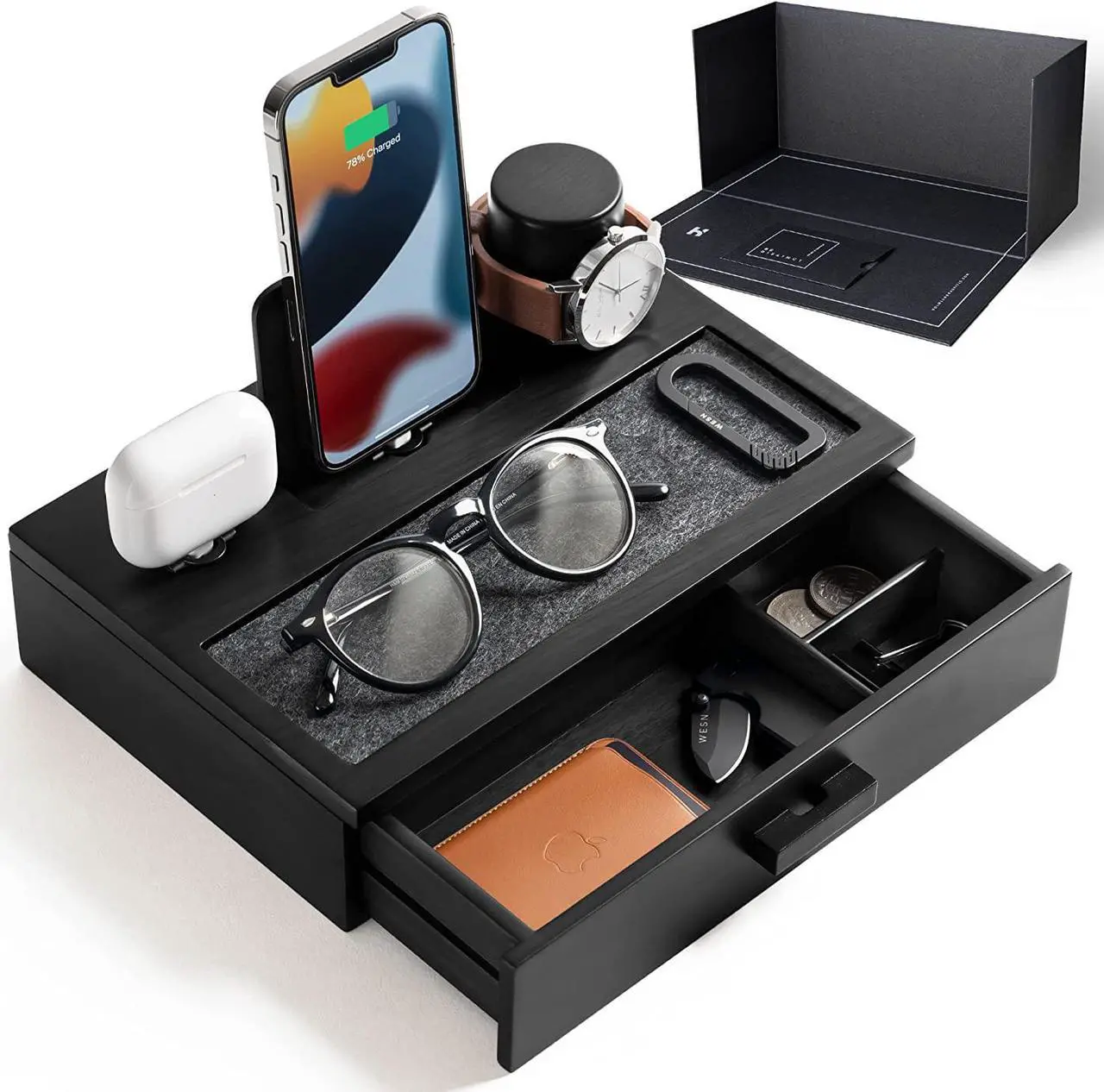 Main image of Nightstand Organizer For Men - Wood Phone Docking Station to Charge Your Phone & Earbuds - Wood Charging Station with Lined Tray & Drawer - Mens Docking Station - Gifts for Dad Birthday Gifts for Men