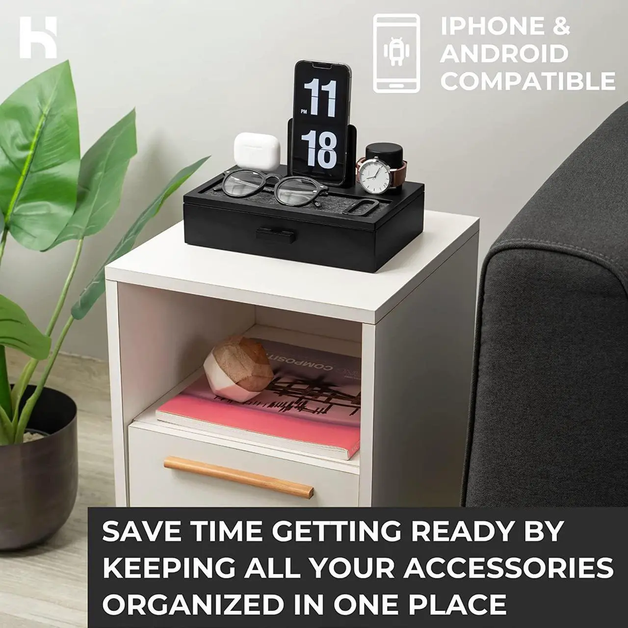 Alt view image 2 of 7 - Nightstand Organizer For Men - Wood Phone Docking Station to Charge Your Phone & Earbuds - Wood Charging Station with Lined Tray & Drawer - Mens Docking Station - Gifts for Dad Birthday Gifts for Men