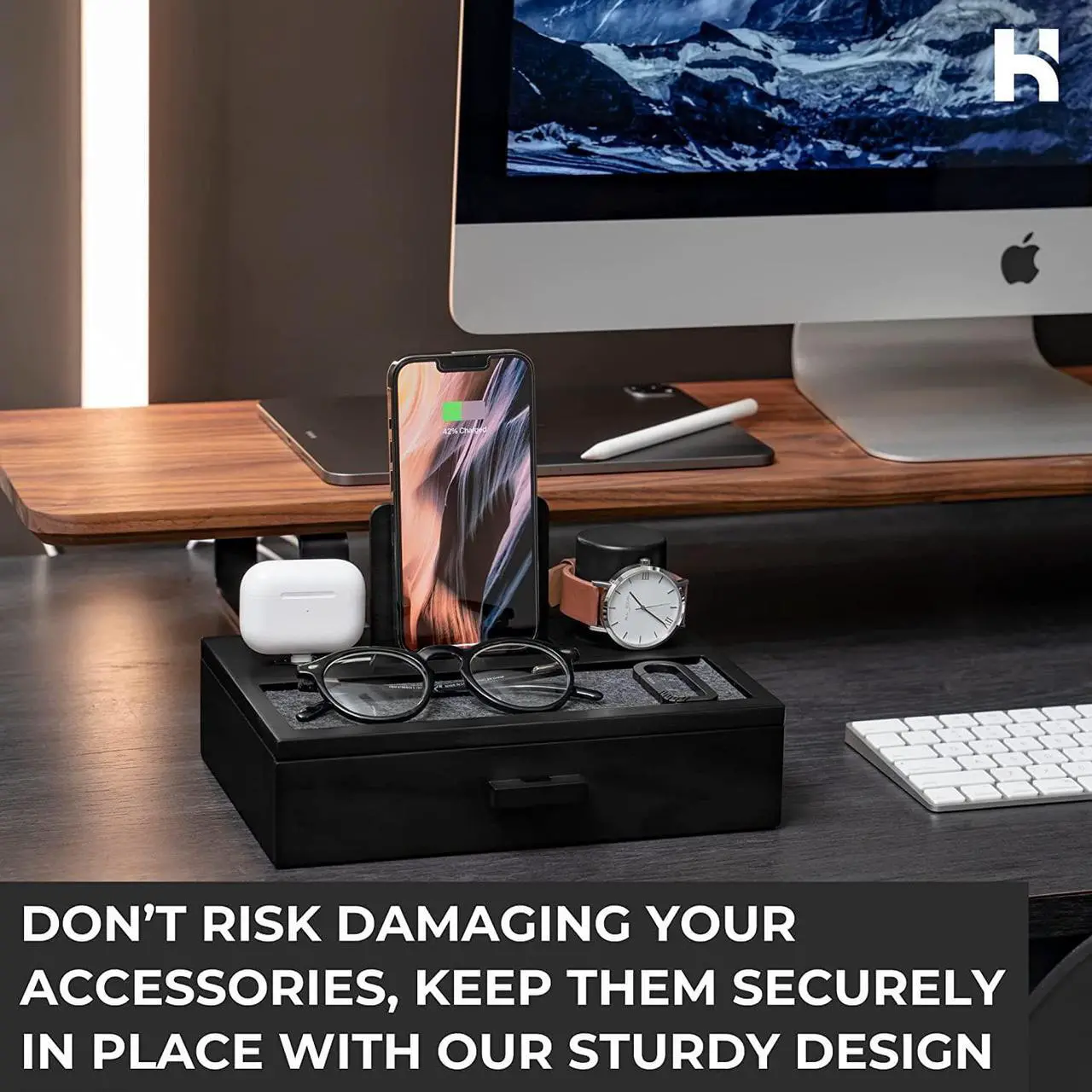 Alt view image 3 of 7 - Nightstand Organizer For Men - Wood Phone Docking Station to Charge Your Phone & Earbuds - Wood Charging Station with Lined Tray & Drawer - Mens Docking Station - Gifts for Dad Birthday Gifts for Men
