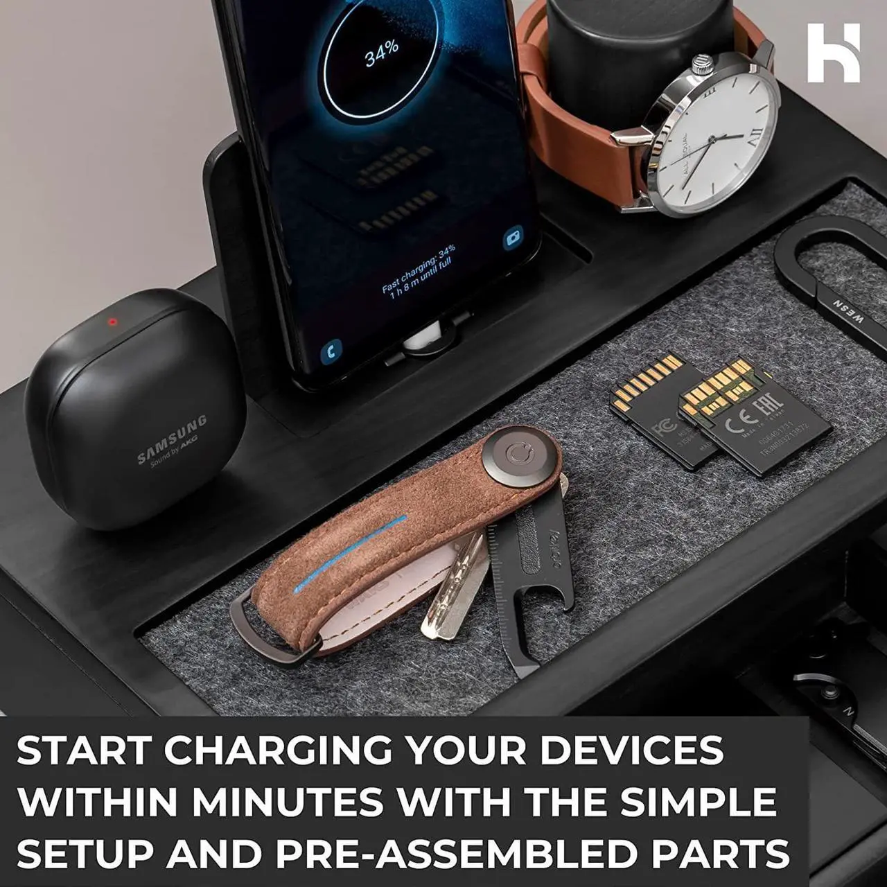 Alt view image 5 of 7 - Nightstand Organizer For Men - Wood Phone Docking Station to Charge Your Phone & Earbuds - Wood Charging Station with Lined Tray & Drawer - Mens Docking Station - Gifts for Dad Birthday Gifts for Men