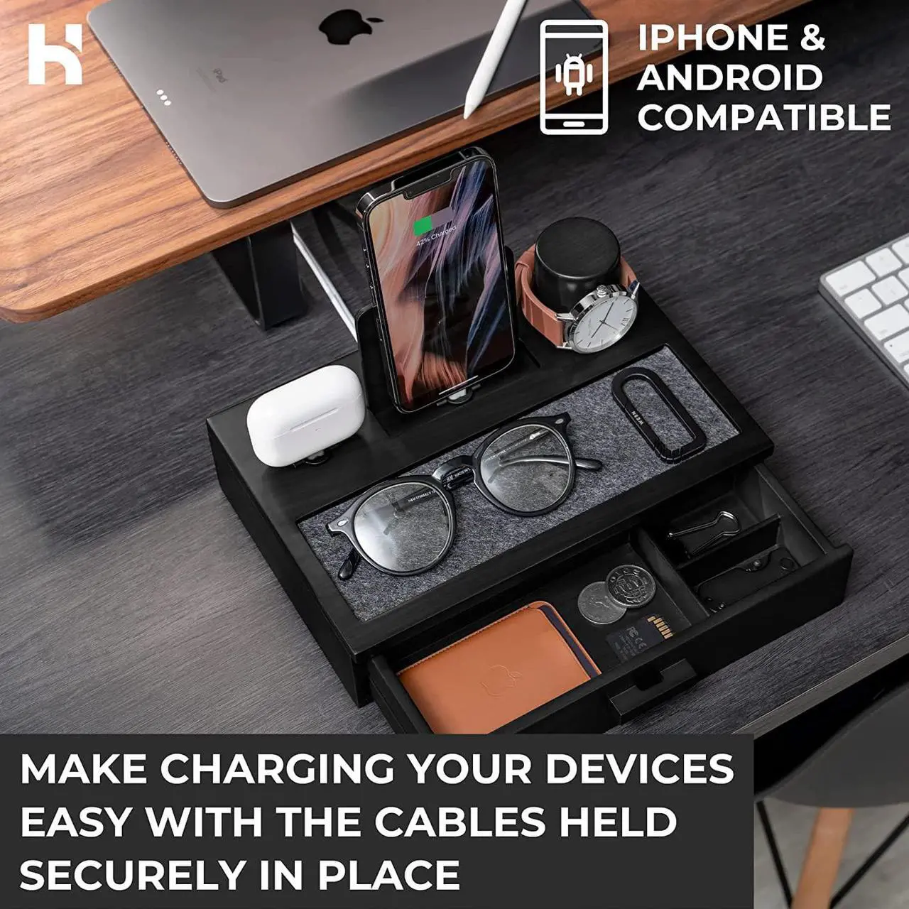 Alt view image 7 of 7 - Nightstand Organizer For Men - Wood Phone Docking Station to Charge Your Phone & Earbuds - Wood Charging Station with Lined Tray & Drawer - Mens Docking Station - Gifts for Dad Birthday Gifts for Men