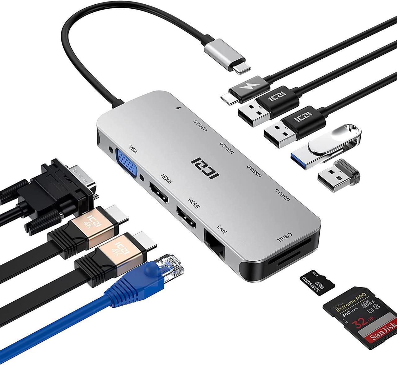 Main image of USB C Docking Station Dual Monitor, ICZI 11 in 1 Triple Display USB C Hub Multiport Adapter for MacBook/Dell/HP/Lenovo/Surface Pro Laptop, USB C Dongle(2 HDMI 4K+VGA+100W PD+4 USB Port+Ethernet+SD/TF)