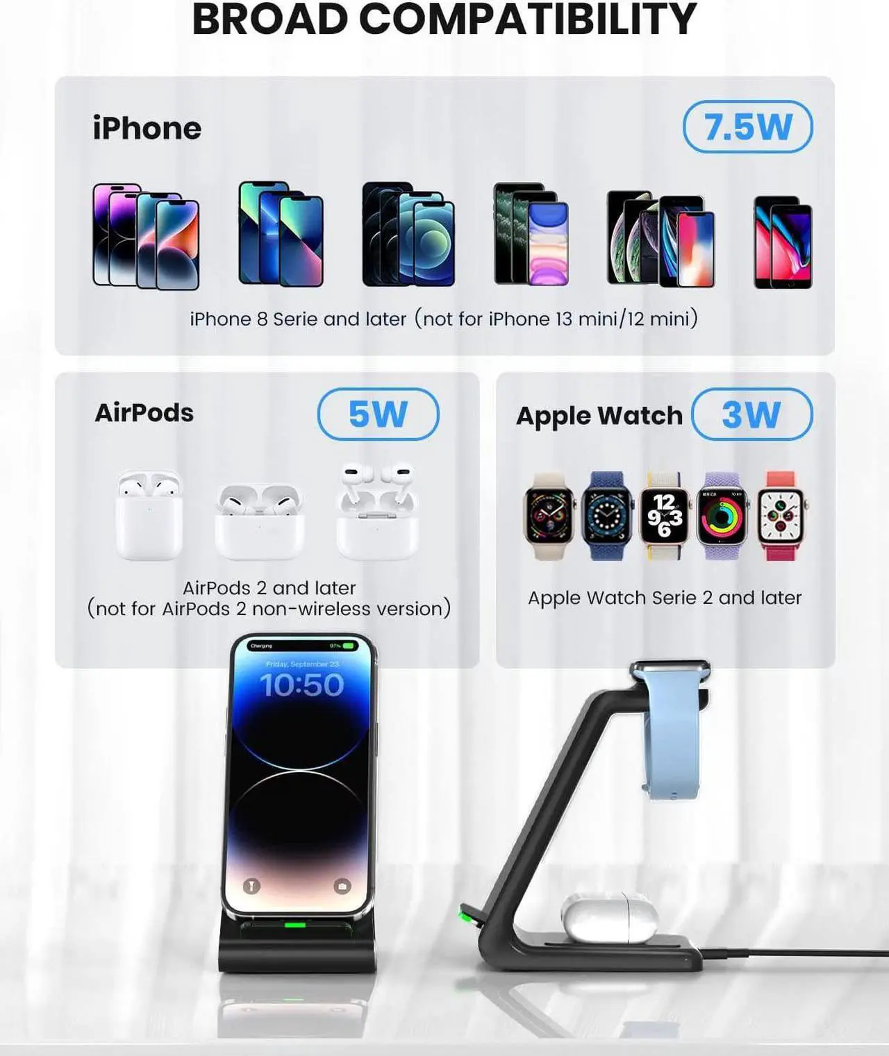 Alt view image 6 of 7 - Wireless Charging Stand, GEEKERA 3 in 1 Wireless Charger Dock Station for iPhone 14 Pro Max/14 Pro/14 Plus/13/12/11/X/8 Series, Apple Watch Ultra/SE/8/7/6/5/4/3/2, AirPods Pro/3, Samsung Qi Phones