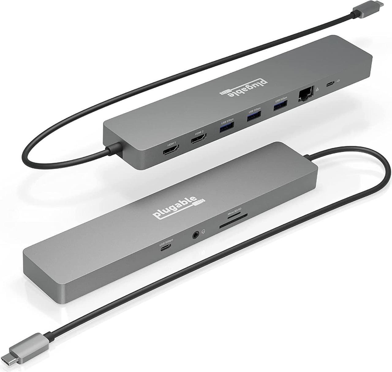 Plugable 11-in-1 USB-C Hub, 100W USB-C Pass-Through, Laptop Docking Station Dual Monitor, 4K 60Hz HDMI, Compatible with Thunderbolt, Windows, Chromebooks, Displays Mirrored on Mac