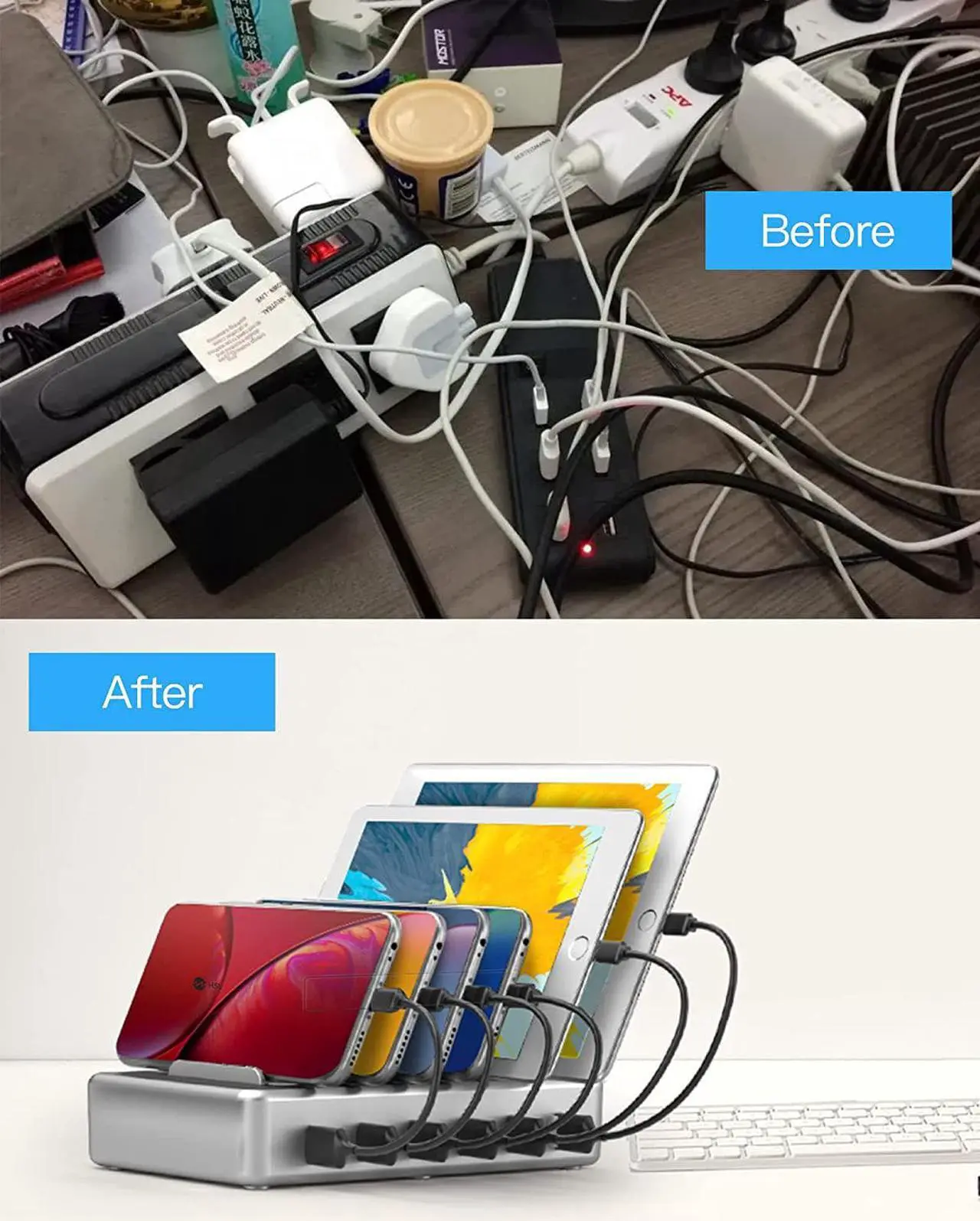 Alt view image 2 of 7 - Charging Station for Multiple Devices - 6 Port Fast Charging Station for iPhone iPad Android and Tablet - Multi Charging Station - Phone Charging Station with 6 Mixed Cables Included(UL Certified)
