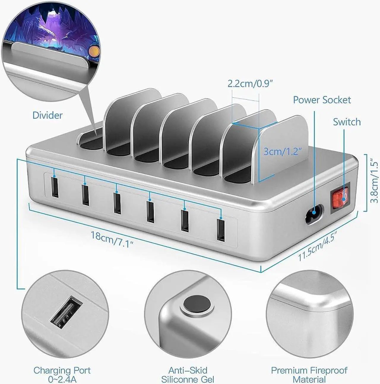 Alt view image 6 of 7 - Charging Station for Multiple Devices - 6 Port Fast Charging Station for iPhone iPad Android and Tablet - Multi Charging Station - Phone Charging Station with 6 Mixed Cables Included(UL Certified)
