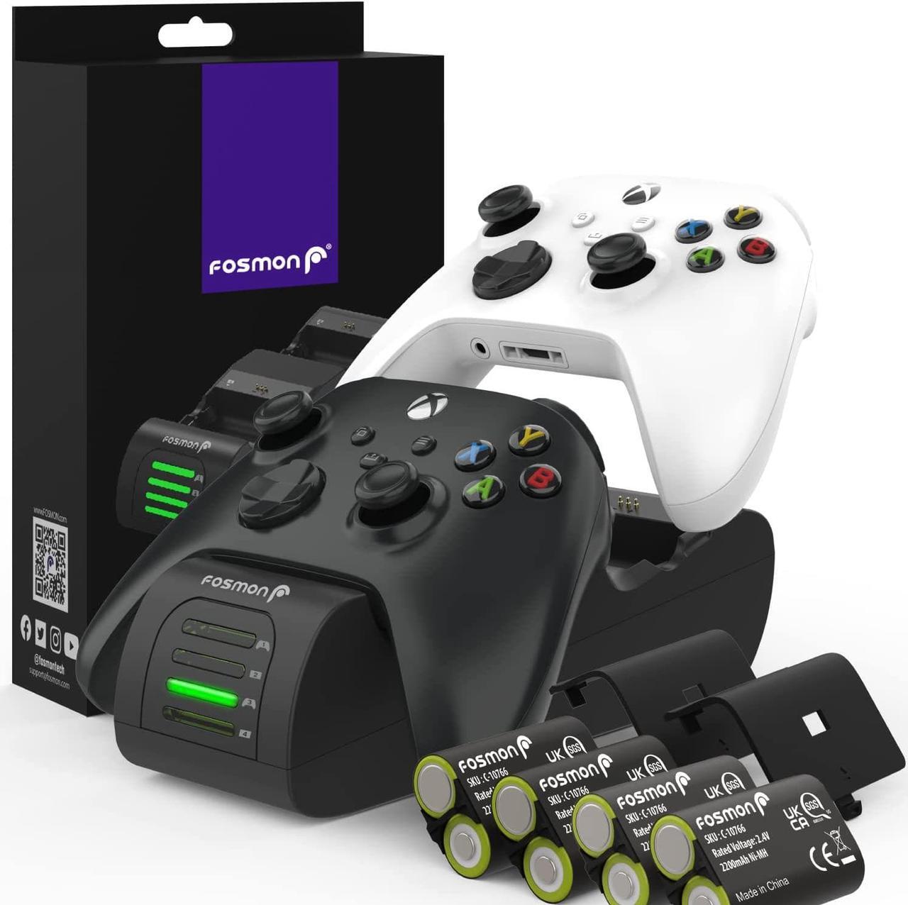 Main image of Fosmon Quad PRO 2 MAX Charger Compatible with Xbox Series X/S, Xbox One/One X/One S Elite Controllers, High Speed Docking Charging with High Capacity 4X 2200mAh Rechargeable Battery Packs - Black