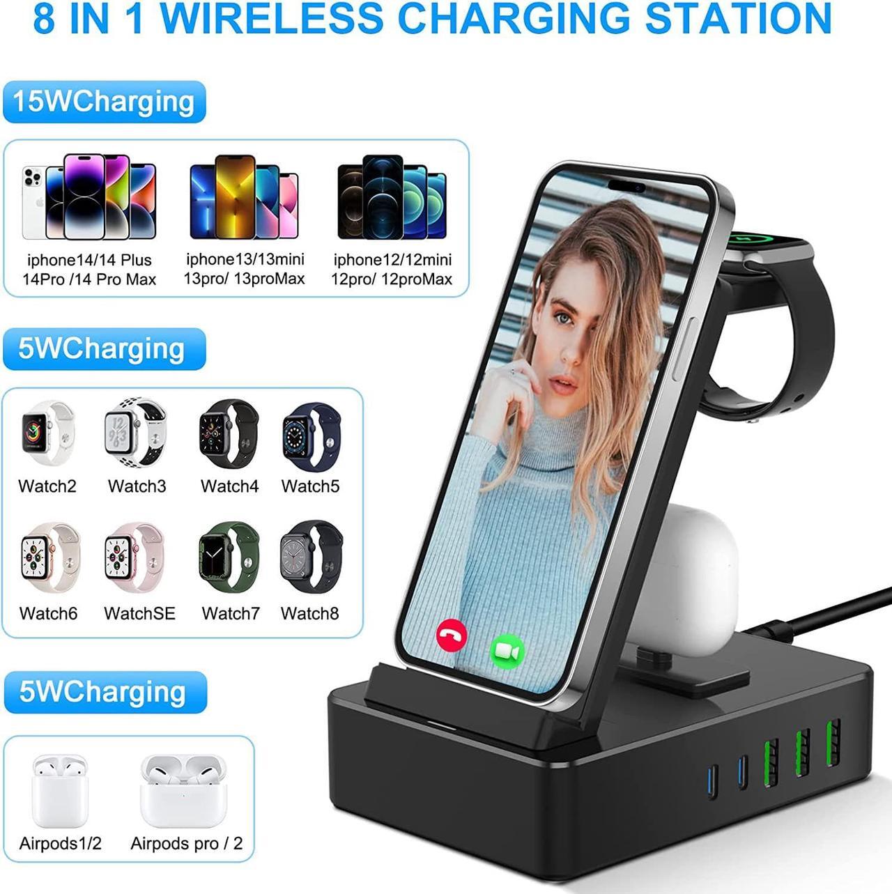 Alt view image 2 of 7 - 8 in 1 Charging Station, 100W Wireless Charging Station for Multiple Devices Apple with 20W USB C 2 Ports, Aluminum Alloy Cell Phone Charging Station Compatible with iPhone Series, iWatch, AirPods Pro