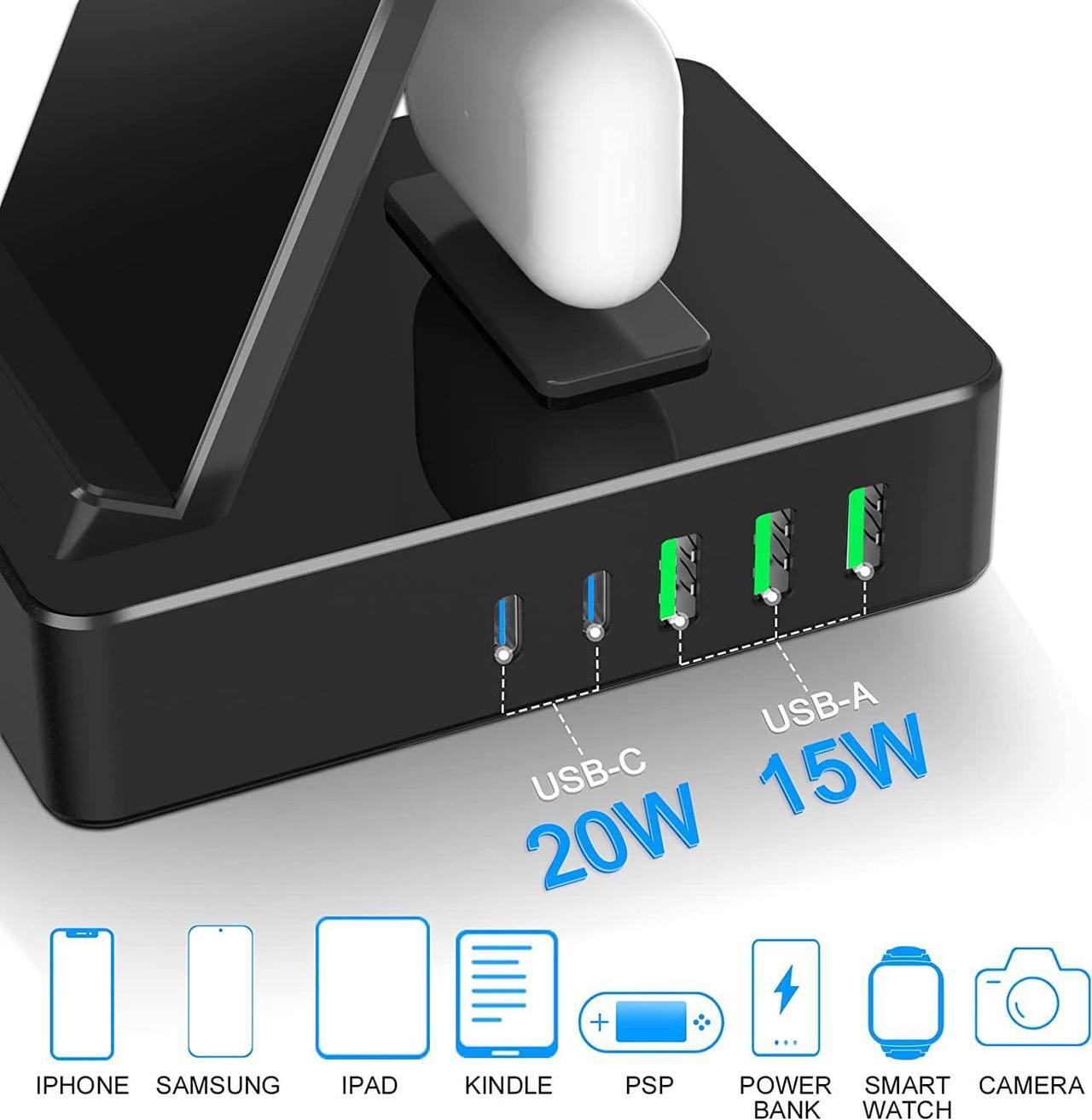 Alt view image 6 of 7 - 8 in 1 Charging Station, 100W Wireless Charging Station for Multiple Devices Apple with 20W USB C 2 Ports, Aluminum Alloy Cell Phone Charging Station Compatible with iPhone Series, iWatch, AirPods Pro