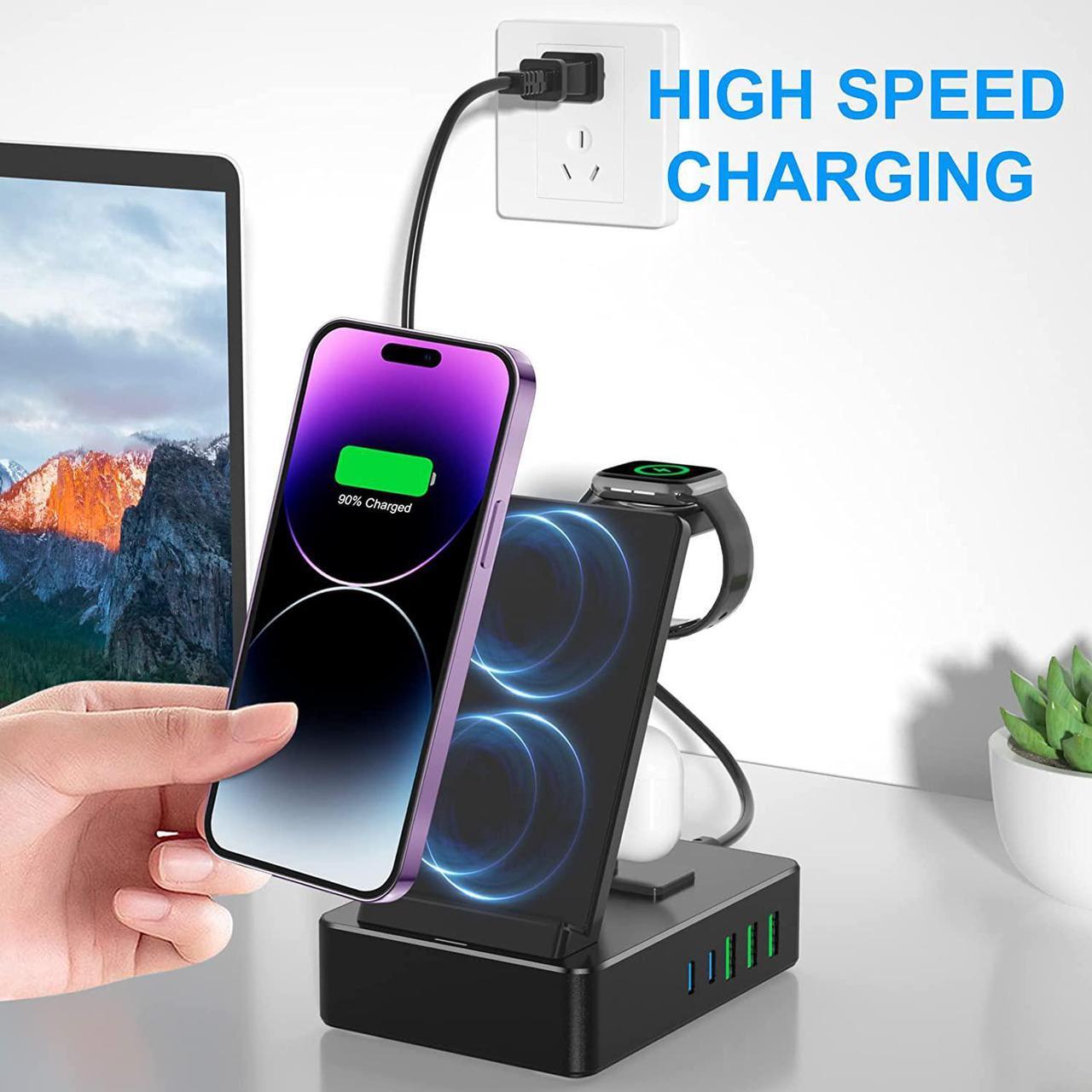 Alt view image 7 of 7 - 8 in 1 Charging Station, 100W Wireless Charging Station for Multiple Devices Apple with 20W USB C 2 Ports, Aluminum Alloy Cell Phone Charging Station Compatible with iPhone Series, iWatch, AirPods Pro
