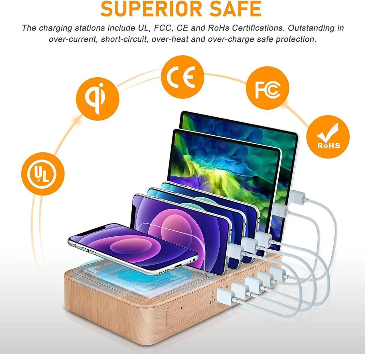 Alt view image 4 of 7 - OTESS Fastest Charging Station for Multiple Devices, 5 USB Ports with 1 Qi Charging Pad, 6 Mixed Cable Included, for Apple/AirPods/iPad/Samsung/Android/Tablet