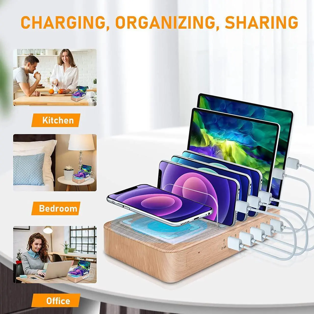 Alt view image 5 of 7 - OTESS Fastest Charging Station for Multiple Devices, 5 USB Ports with 1 Qi Charging Pad, 6 Mixed Cable Included, for Apple/AirPods/iPad/Samsung/Android/Tablet