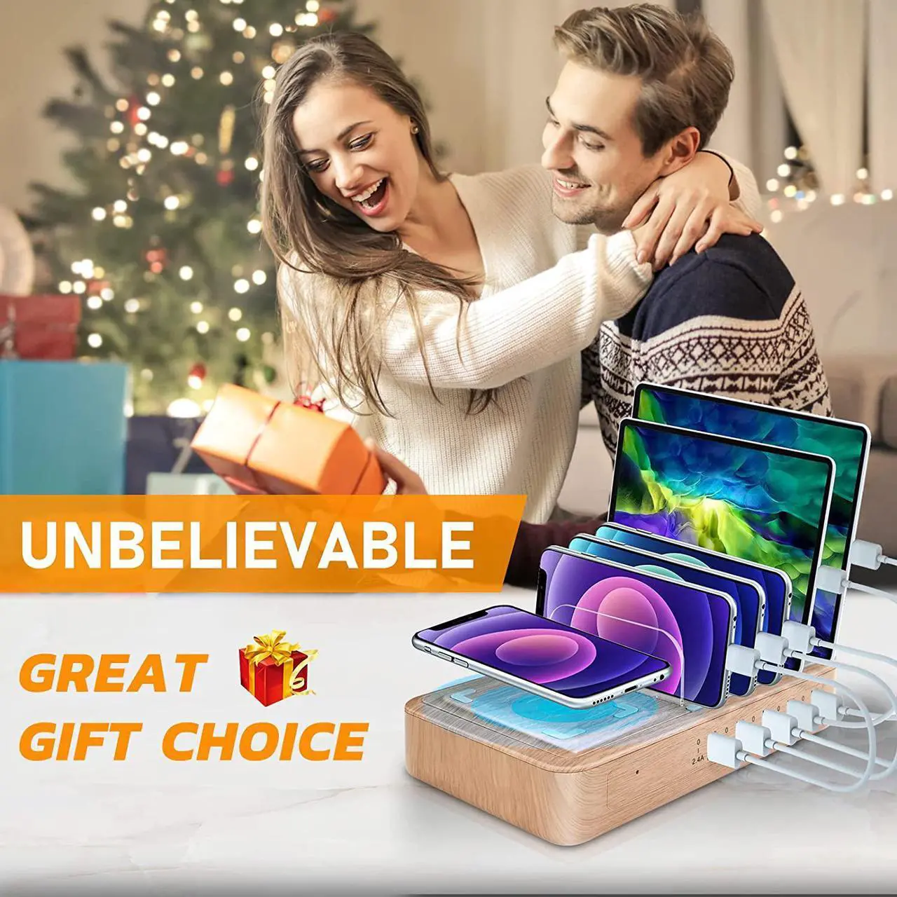 Alt view image 6 of 7 - OTESS Fastest Charging Station for Multiple Devices, 5 USB Ports with 1 Qi Charging Pad, 6 Mixed Cable Included, for Apple/AirPods/iPad/Samsung/Android/Tablet