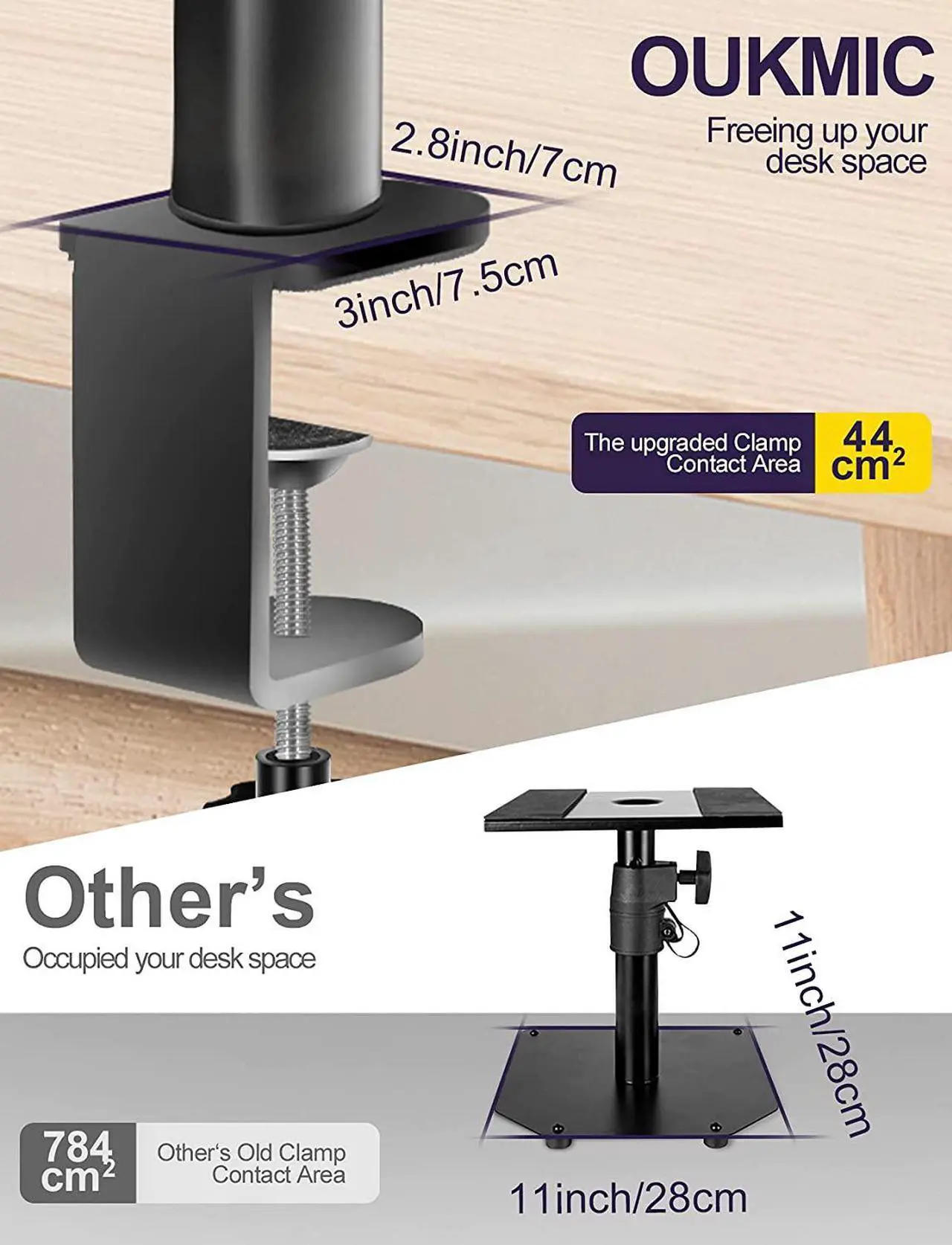Alt view image 2 of 7 - OUKMIC Clamp On Desktop Speaker Stand Holder Pair, Heavy Duty Audio Studio Monitor Stands Riser Tilt Height Adjustable, Universal Desk Mount Shelf Tray for Subwoofer Surround Sound Bookshelf Laptop