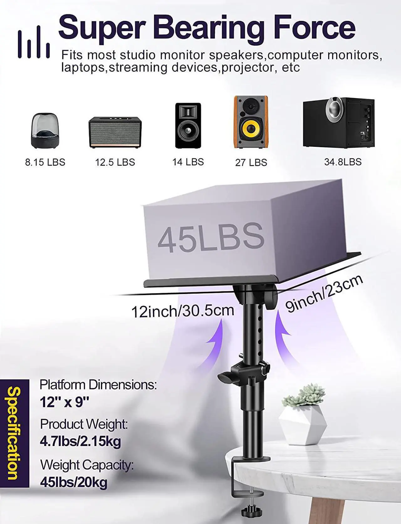 Alt view image 5 of 7 - OUKMIC Clamp On Desktop Speaker Stand Holder Pair, Heavy Duty Audio Studio Monitor Stands Riser Tilt Height Adjustable, Universal Desk Mount Shelf Tray for Subwoofer Surround Sound Bookshelf Laptop