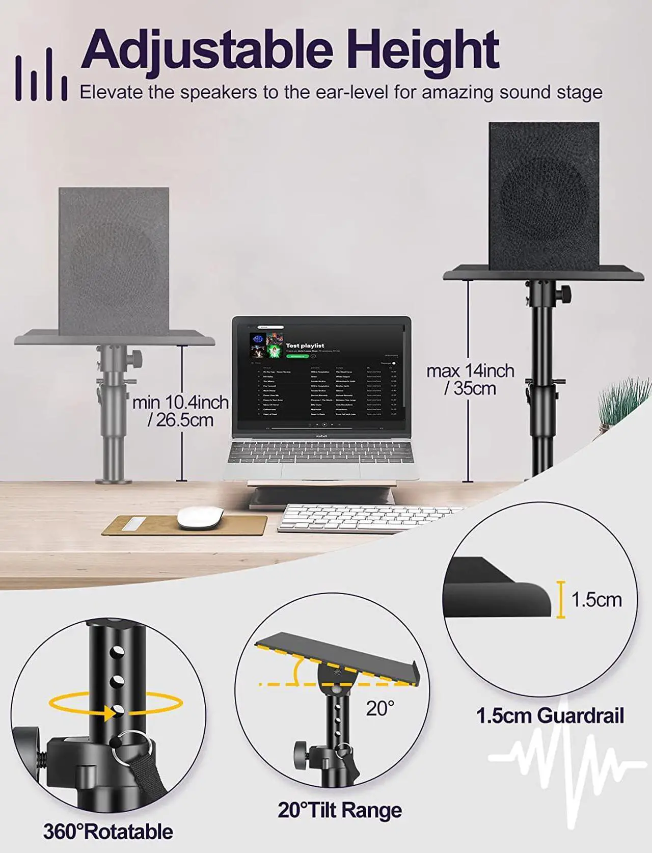 Alt view image 3 of 7 - OUKMIC Clamp On Desktop Speaker Stand Holder Pair, Heavy Duty Audio Studio Monitor Stands Riser Tilt Height Adjustable, Universal Desk Mount Shelf Tray for Subwoofer Surround Sound Bookshelf Laptop