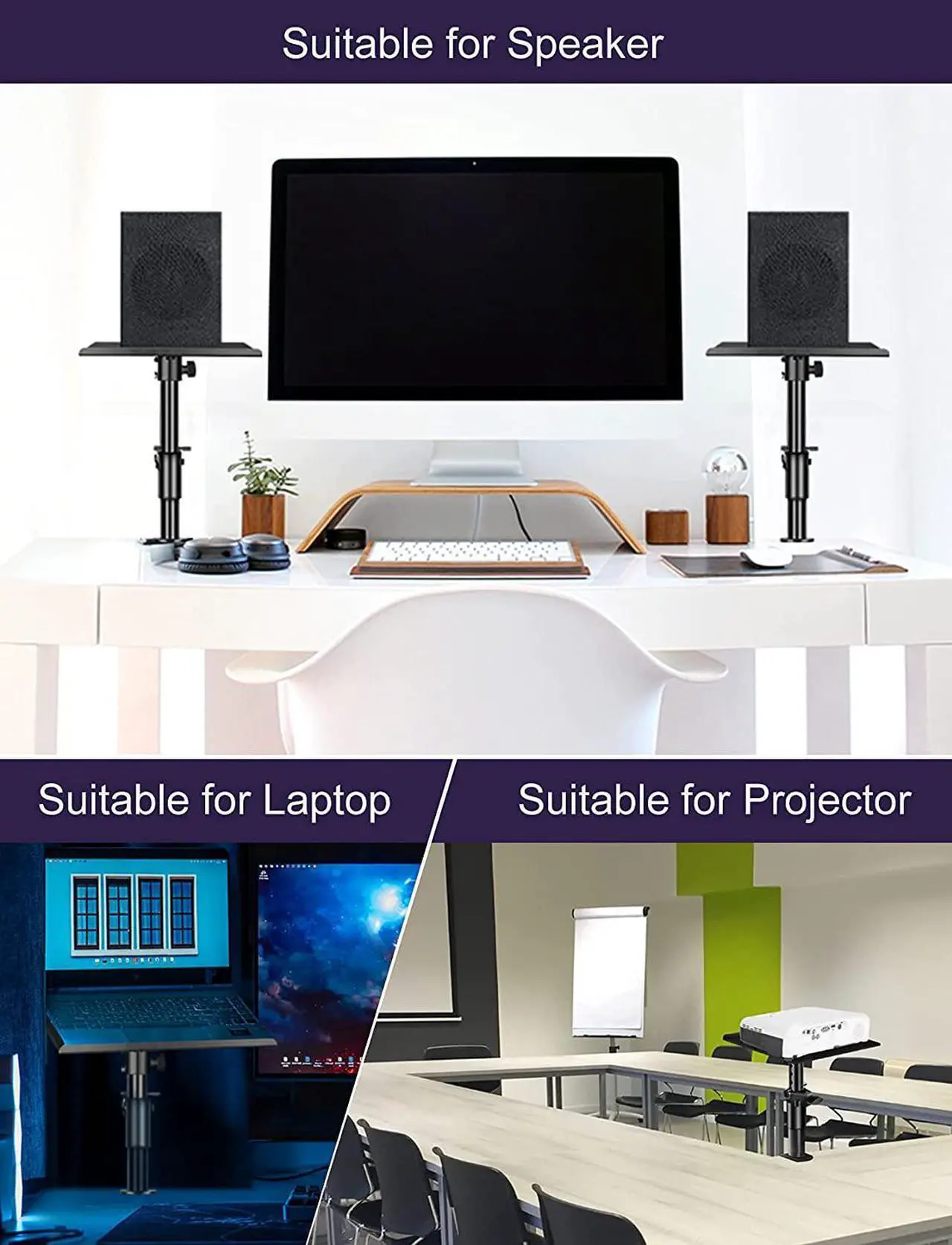 Alt view image 7 of 7 - OUKMIC Clamp On Desktop Speaker Stand Holder Pair, Heavy Duty Audio Studio Monitor Stands Riser Tilt Height Adjustable, Universal Desk Mount Shelf Tray for Subwoofer Surround Sound Bookshelf Laptop