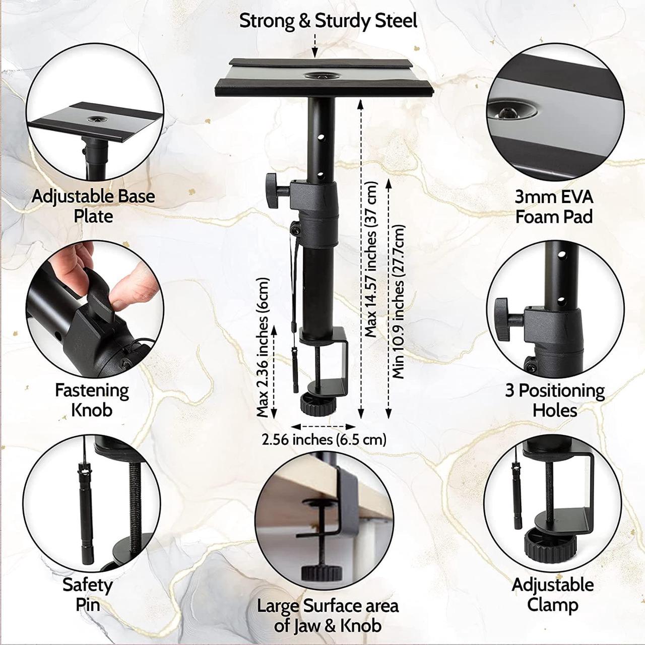 Alt view image 5 of 6 - ZONDER Desktop Speaker Stands Clamp Pair - Adjustable Studio Monitor Stands Desk Clamp - 360º Rotation for PC Laptop Gaming - with Foldable Aluminum Headphone Hanger for Headset Game Controllers