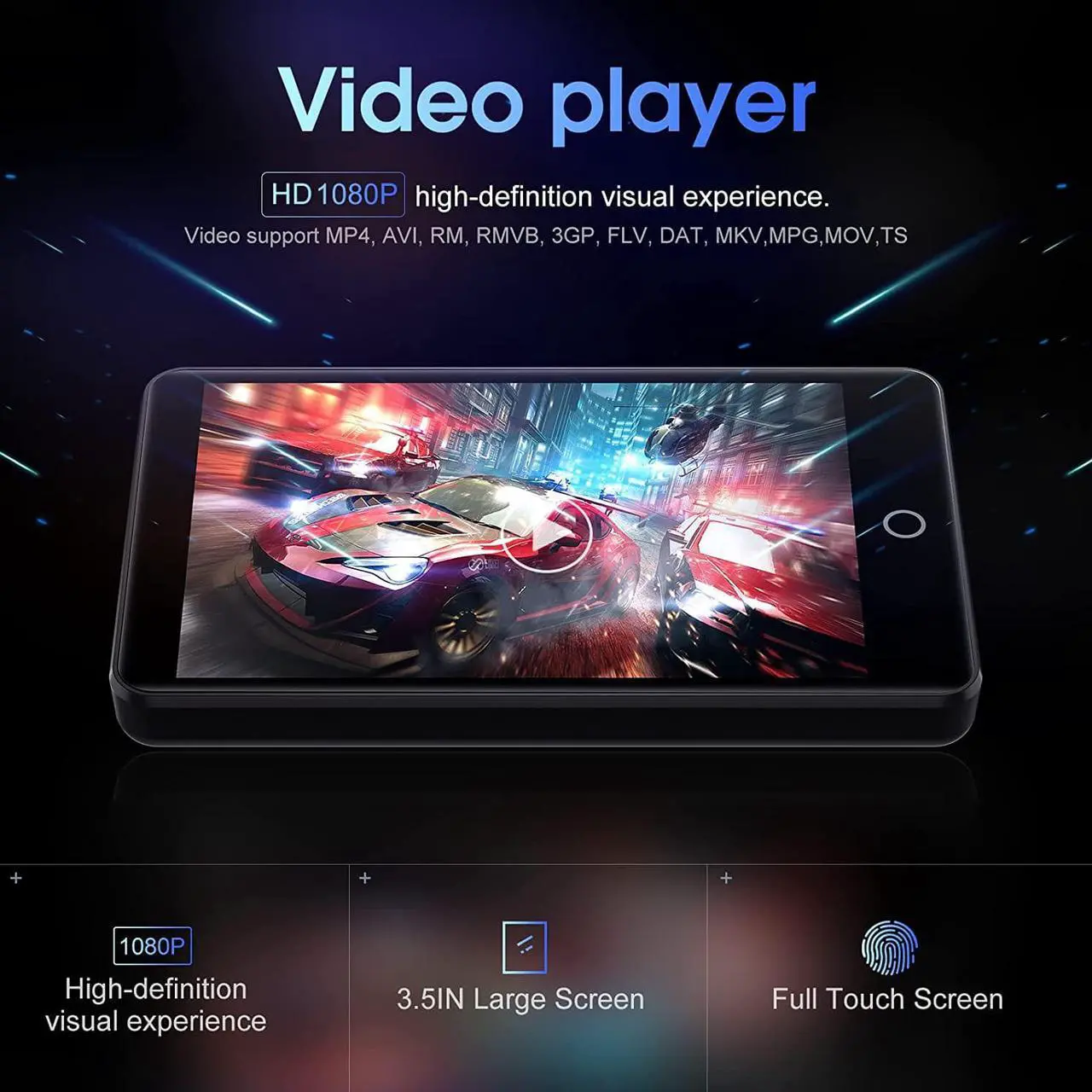 Alt view image 2 of 7 - Mp3 Player with Bluetooth and WiFi, Oilsky 3.5IN 1080P Full Touch Screen MP4 with Speaker, Portable Digital HiFi Sound Audio Player with FM Radio, Recording, E-Book, Browser, Max Support 512GB TF Card