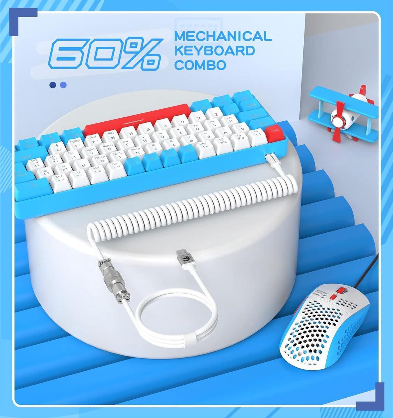 Alt view image 2 of 7 - LexonElec T60PRO 60% Mechanical Keyboard and Mouse Combo+Coiled USB C Cable, Compact RGB LED Backlit Keyboard, Linear Red Switch, 6400 DPI Programmable RGB Mouse for PC Mac Gamer(Blue&White)