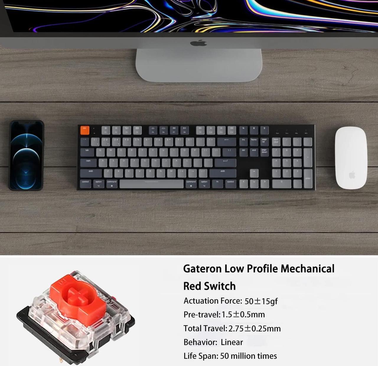 Alt view image 5 of 7 - Keychron K5 Hot-swappable Wireless Bluetooth/USB Wired Gaming Mechanical Keyboard, Ultra-Slim Full Size Layout 104 Keys White Backlight for Mac Windows, Low Profile Gateron Red Switch