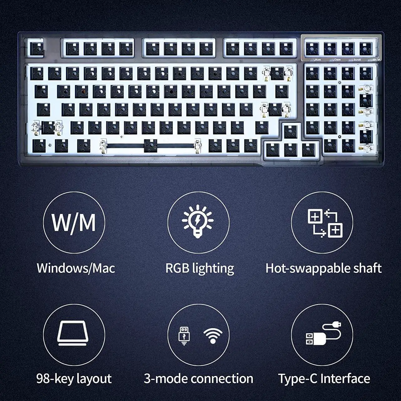 Alt view image 2 of 7 - Gk98 RGB Mechanical Keyboard DIY Kit Hot-Swappable Three-Mode Wired 2.4g BT5.0 Custom Keyboard Compatible with Akko, Cherry Mx, Gateron, Kailh Mechanical Axis (Transparent Black)