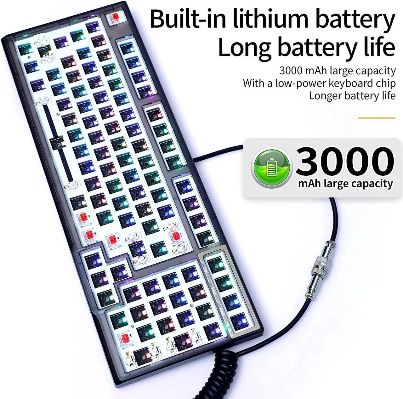 Alt view image 6 of 7 - Gk98 RGB Mechanical Keyboard DIY Kit Hot-Swappable Three-Mode Wired 2.4g BT5.0 Custom Keyboard Compatible with Akko, Cherry Mx, Gateron, Kailh Mechanical Axis (Transparent Black)