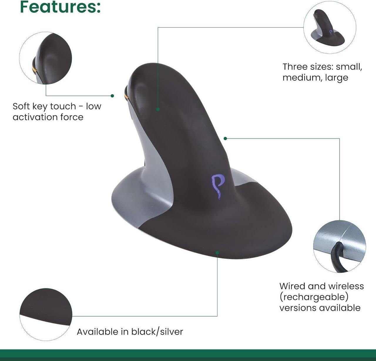 Alt view image 2 of 7 - Posturite Penguin Ambidextrous Wireless Ergonomic Mouse Rechargeable, Alleviates RSI, Easy-Glide, Vertical Design, PC Computer & Apple Mac Compatible (Black/Silver, Size: Small)