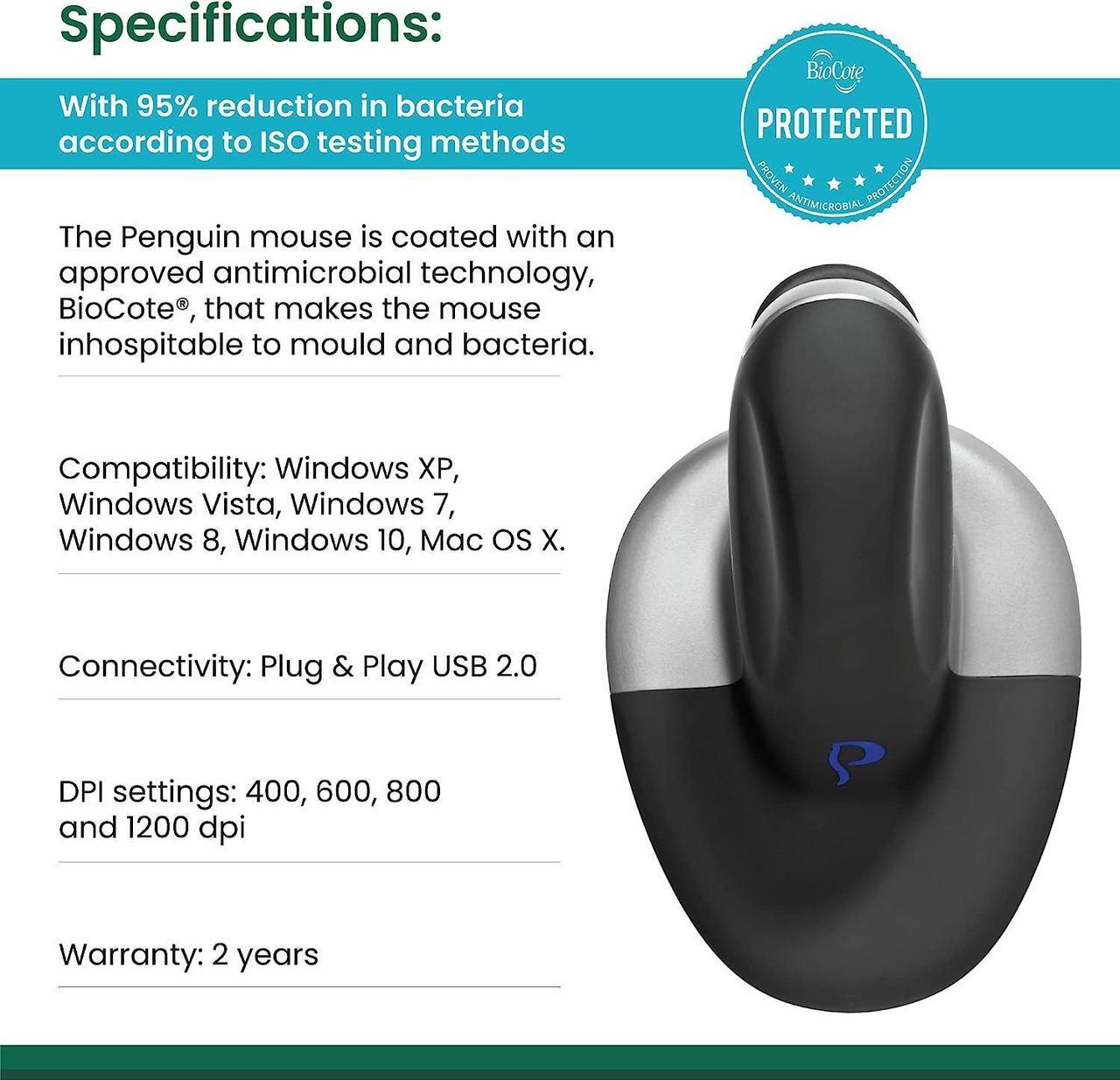 Alt view image 3 of 7 - Posturite Penguin Ambidextrous Wireless Ergonomic Mouse Rechargeable, Alleviates RSI, Easy-Glide, Vertical Design, PC Computer & Apple Mac Compatible (Black/Silver, Size: Small)