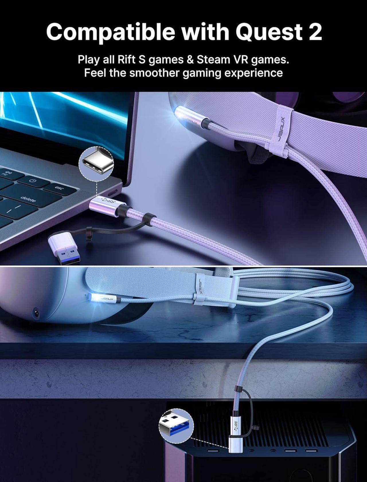 Alt view image 2 of 7 - 2-in-1 Link Cable 16 FT Compatible with Meta/Oculus Quest 3/2 Accessories and PC/Steam VR, USB 3.0 High Speed PC Data Transfer Adapter, Compatible with VR Headset, Gaming PC, Quest 3 & 2 & 1
