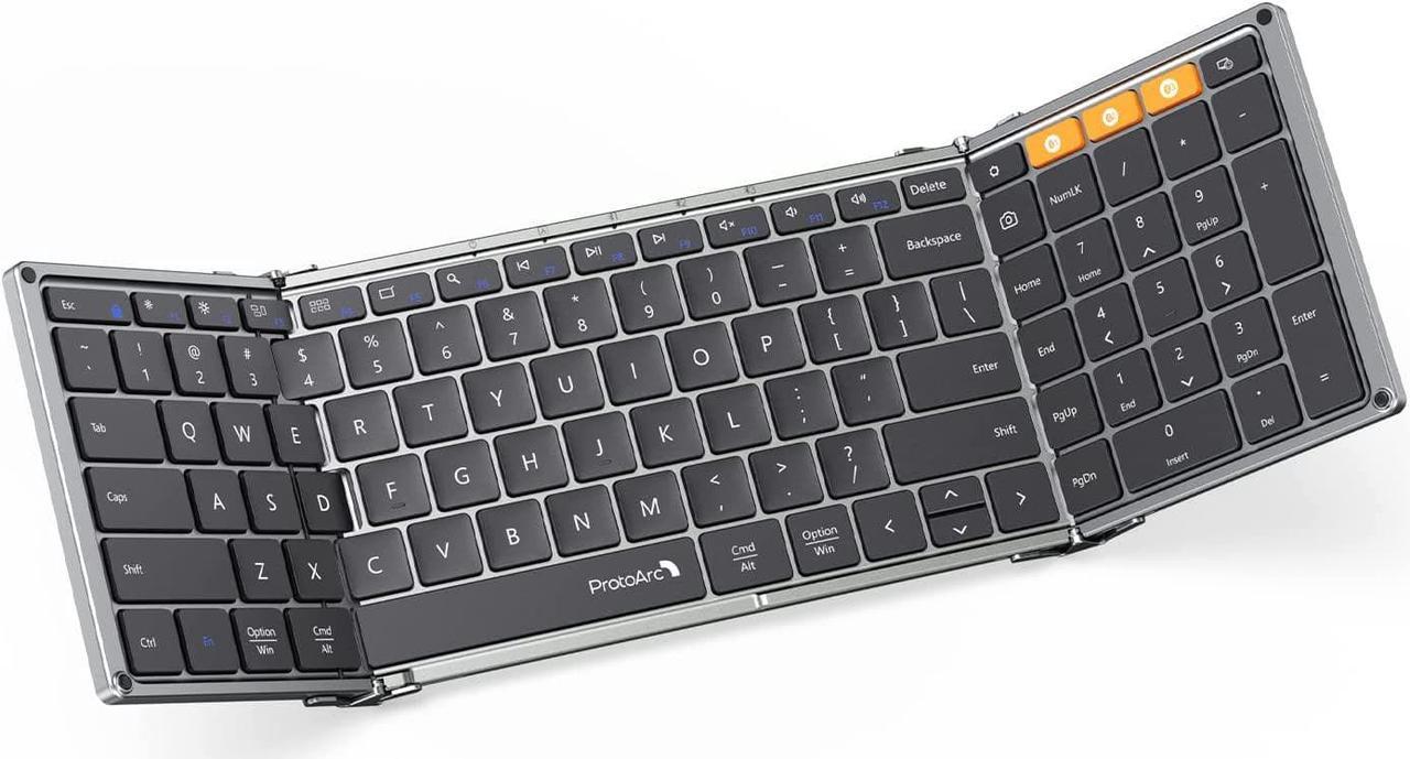 ProtoArc Foldable Bluetooth Keyboard, XK01 Full Size Folding Wireless Keyboard with Number Pad, Slim Portable Travel Keyboard for Windows iOS Android Tablets, Laptops, PC, iPad, iPhone (Space Gray)