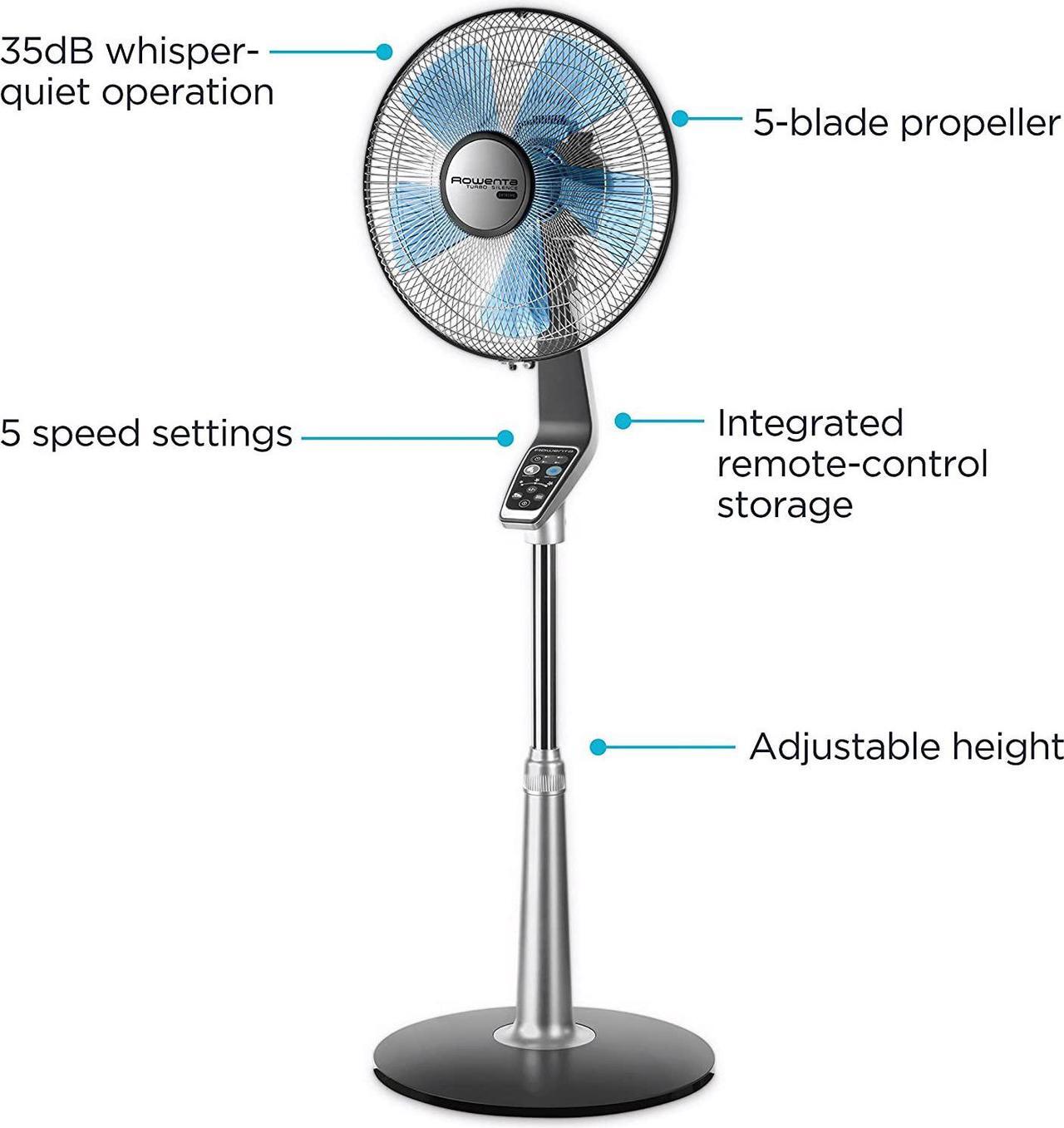 Alt view image 2 of 7 - Rowenta Turbo Silence Standing Floor Fan with Remote 53 Inches Ultra Quiet Fan Oscillating, Portable, 5 Speeds, Indoor, Refresh Up to 23-Feet VU5670,Silver
