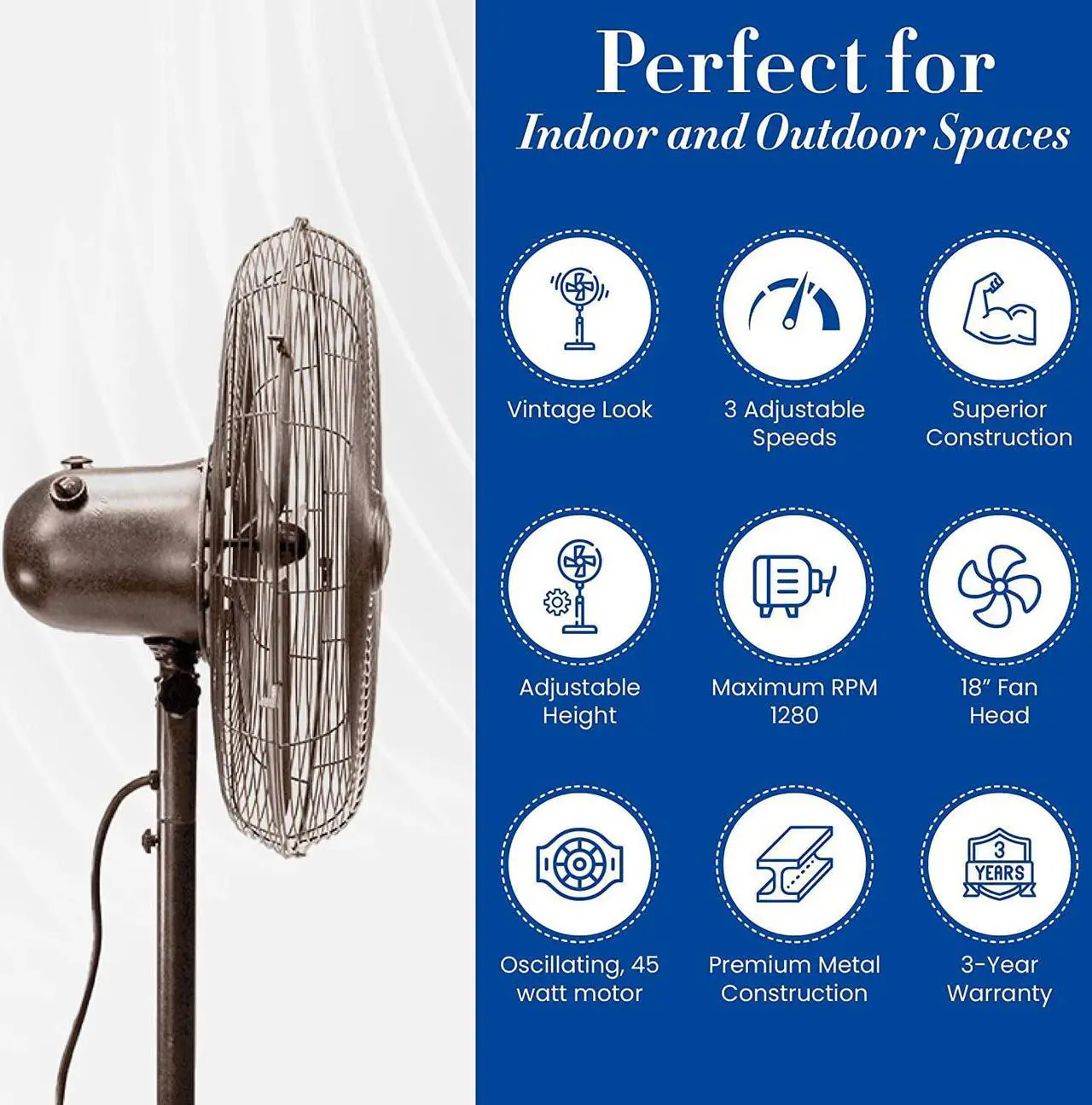 Alt view image 3 of 7 - Designer Aire Oscillating Indoor/Outdoor Standing Floor Fan for Cooling Your Area Fast - 3-Speeds, Adjustable 40-51 Inches in Height, Fits Your Home Decor