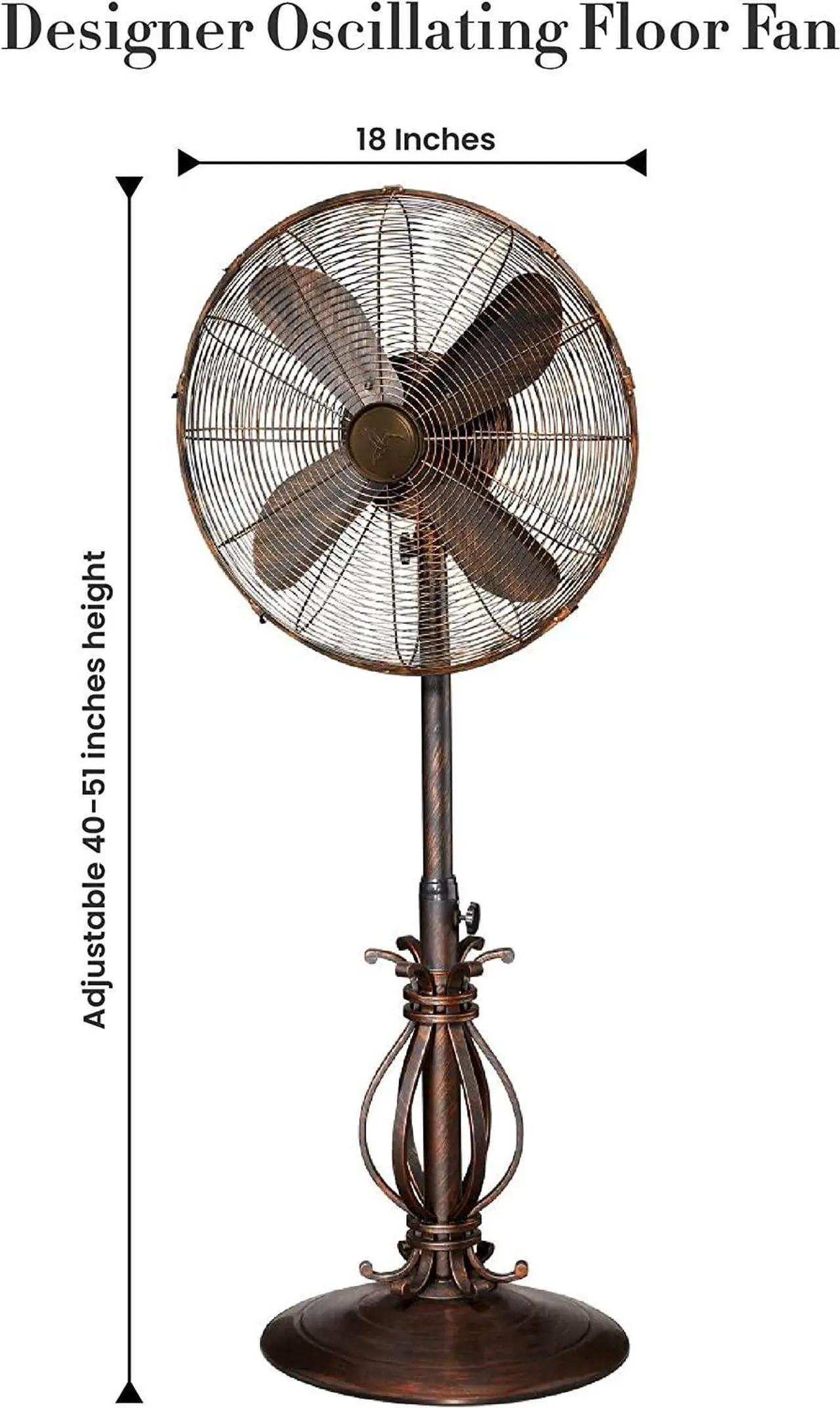 Alt view image 2 of 7 - Designer Aire Oscillating Indoor/Outdoor Standing Floor Fan for Cooling Your Area Fast - 3-Speeds, Adjustable 40-51 Inches in Height, Fits Your Home Decor