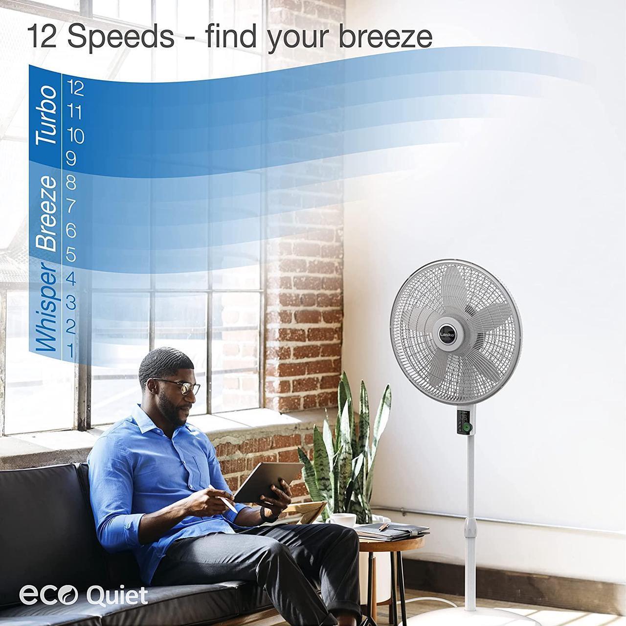 Alt view image 5 of 7 - Lasko Oscillating 18-inch EcoQuiet DC Motor 12-Speed Pedestal Fan with Remote Control, White, S18705